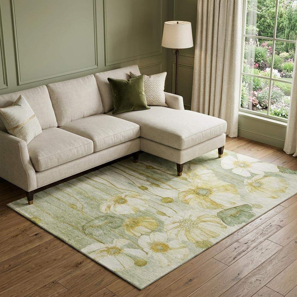 10' X 14' Sage Gold And Ivory Floral Washable Area Rug With UV Protection - HomeRoots - Flyclothing LLC