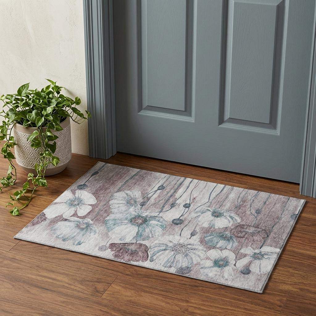 3' X 5' Teal Mauve And Ivory Floral Washable Area Rug With UV Protection - HomeRoots - Flyclothing LLC