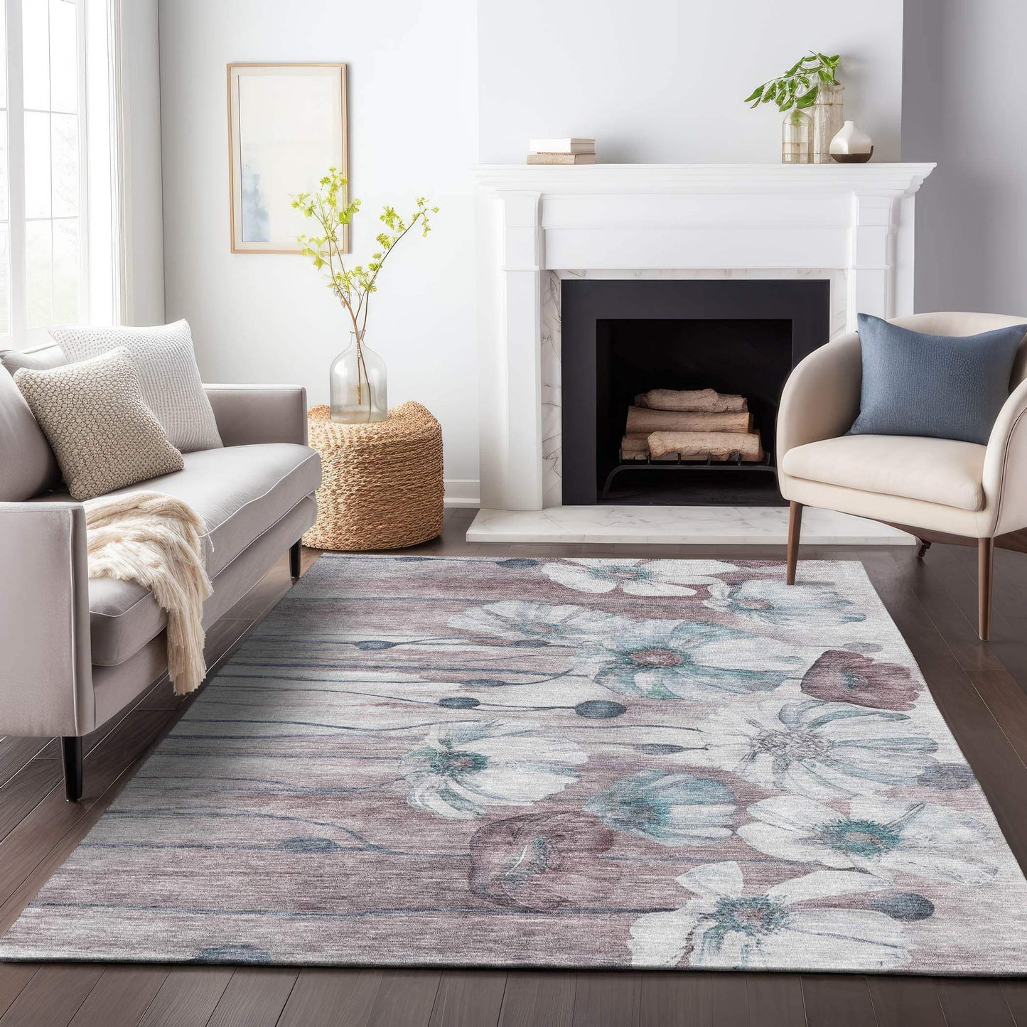 3' X 5' Teal Mauve And Ivory Floral Washable Area Rug With UV Protection - HomeRoots - Flyclothing LLC