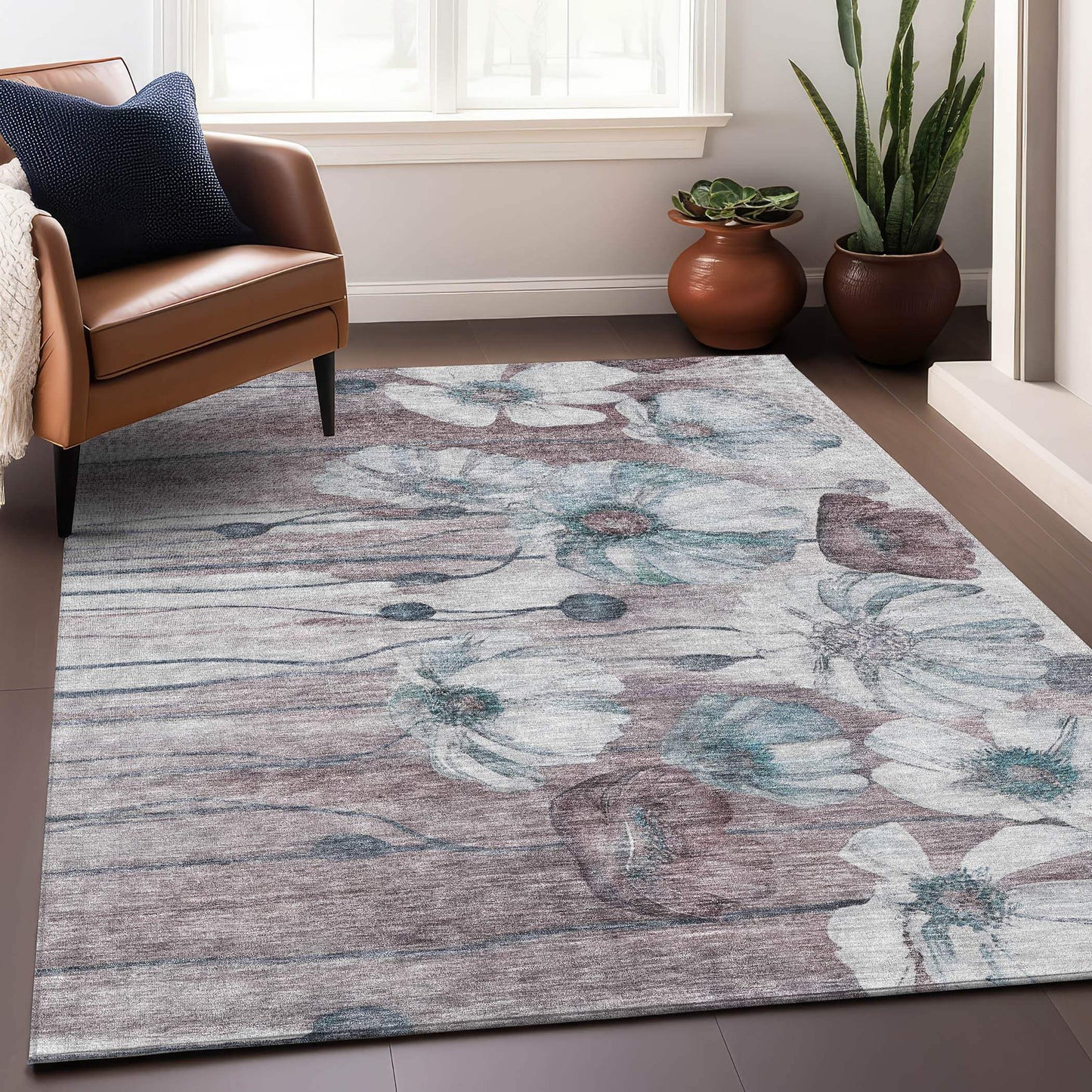 3' X 5' Teal Mauve And Ivory Floral Washable Area Rug With UV Protection - HomeRoots - Flyclothing LLC