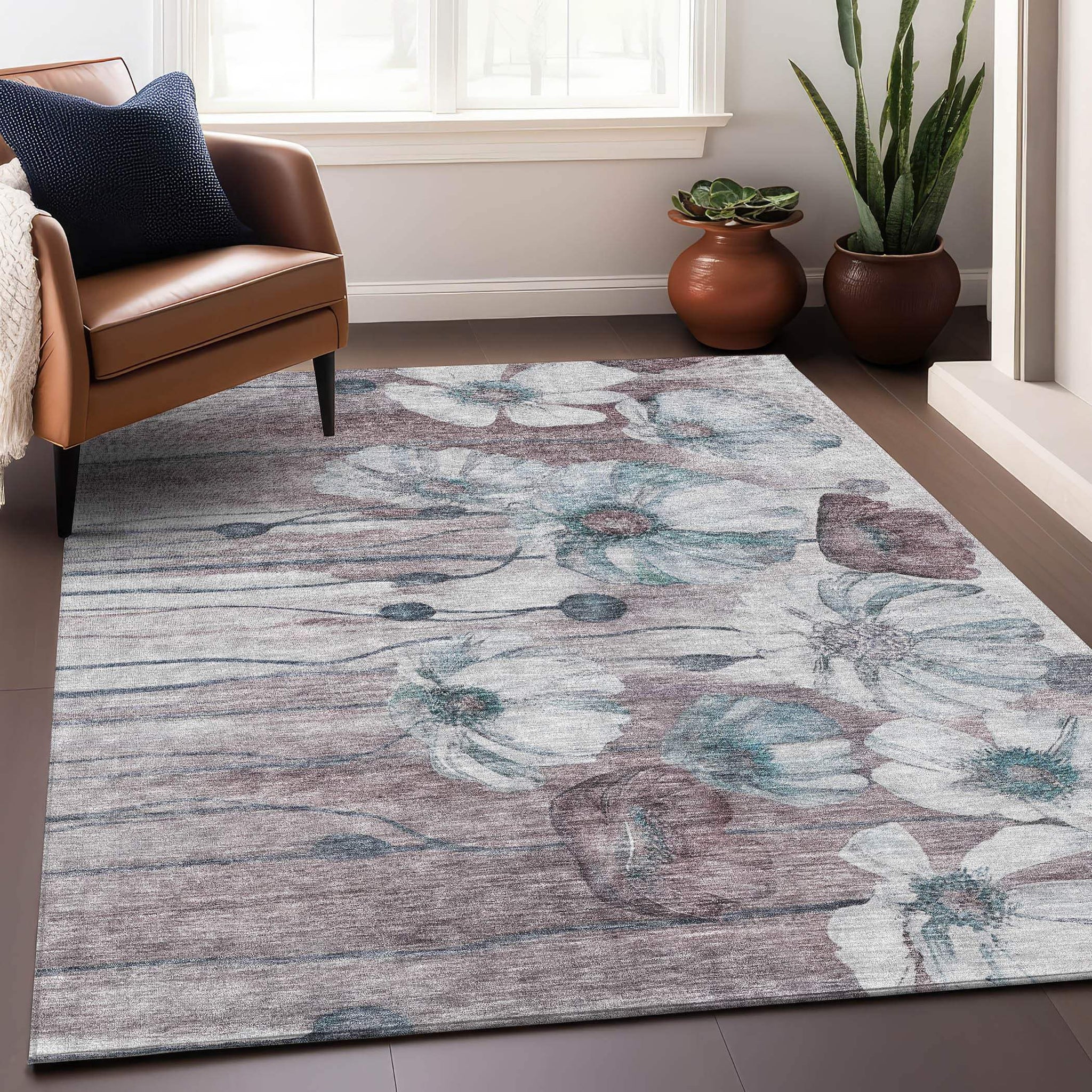 3' X 5' Teal Mauve And Ivory Floral Washable Area Rug With UV Protection - HomeRoots - Flyclothing LLC