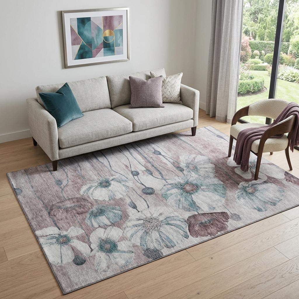 5' X 8' Teal Mauve And Ivory Floral Washable Area Rug With UV Protection - HomeRoots - Flyclothing LLC