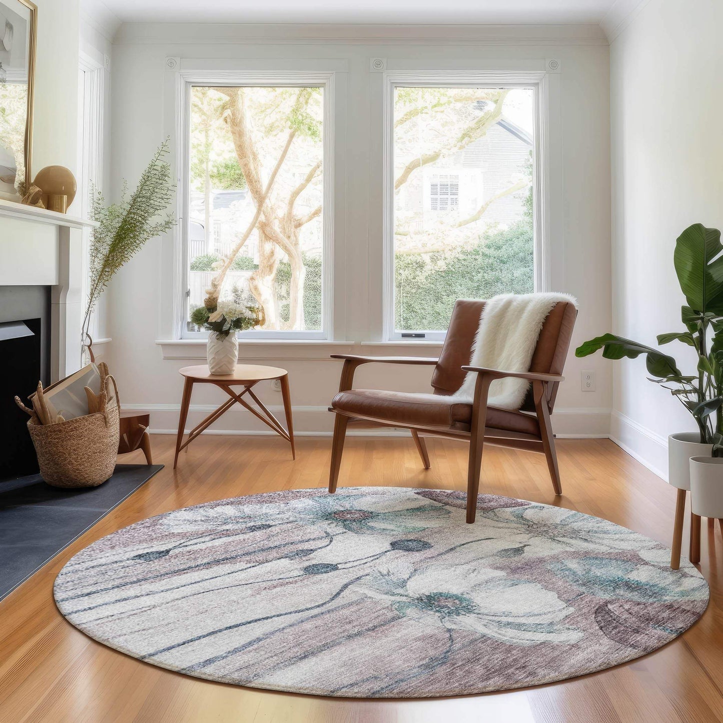 8' Teal Mauve And Ivory Floral Washable Round Rug With UV Protection - HomeRoots - Flyclothing LLC