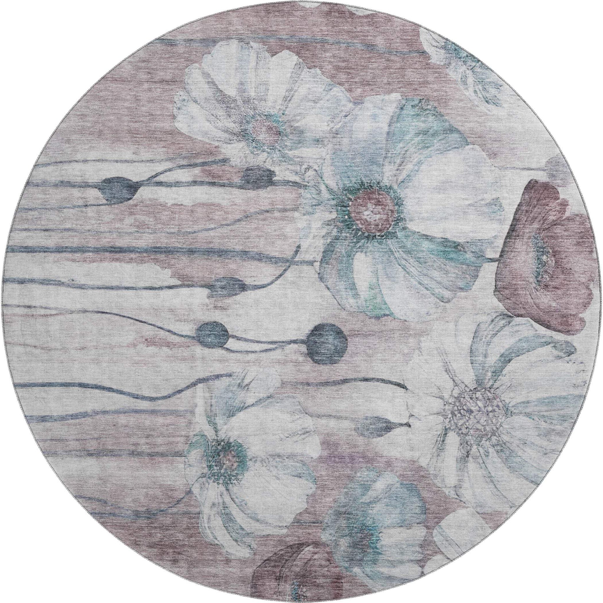 8' Teal Mauve And Ivory Floral Washable Round Rug With UV Protection - HomeRoots - Flyclothing LLC