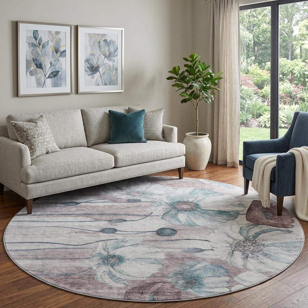 8' Teal Mauve And Ivory Floral Washable Round Rug With UV Protection - HomeRoots - Flyclothing LLC