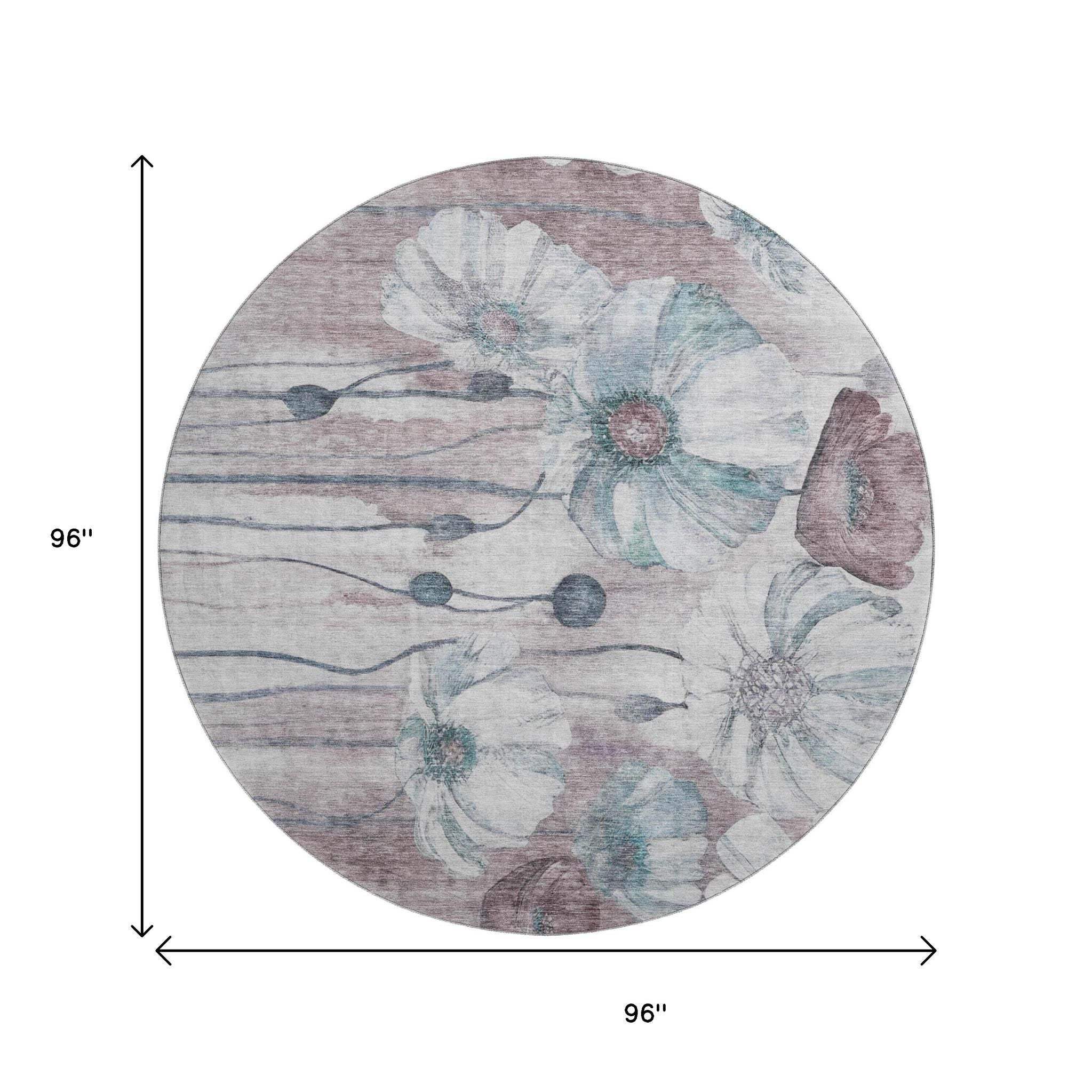 8' Teal Mauve And Ivory Floral Washable Round Rug With UV Protection - HomeRoots - Flyclothing LLC