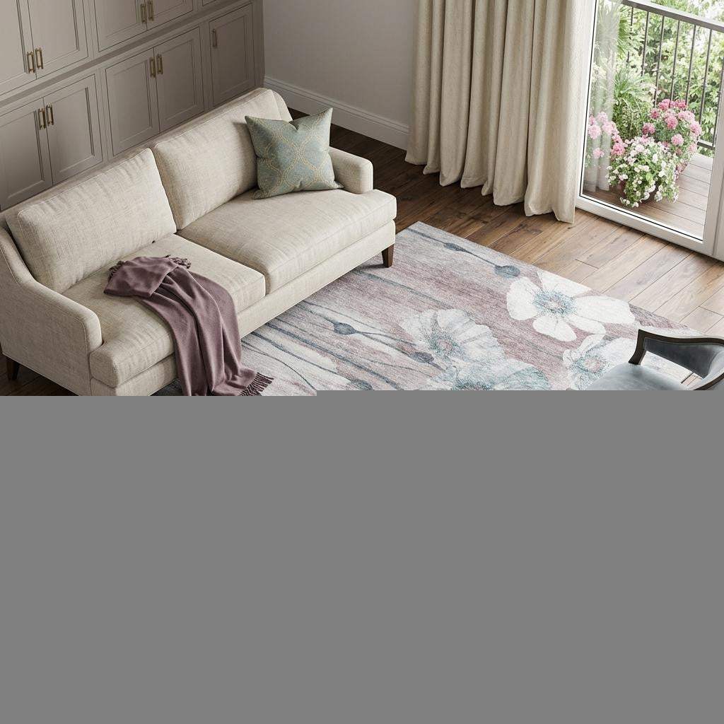 8' X 10' Teal Mauve And Ivory Floral Washable Area Rug With UV Protection - HomeRoots - Flyclothing LLC