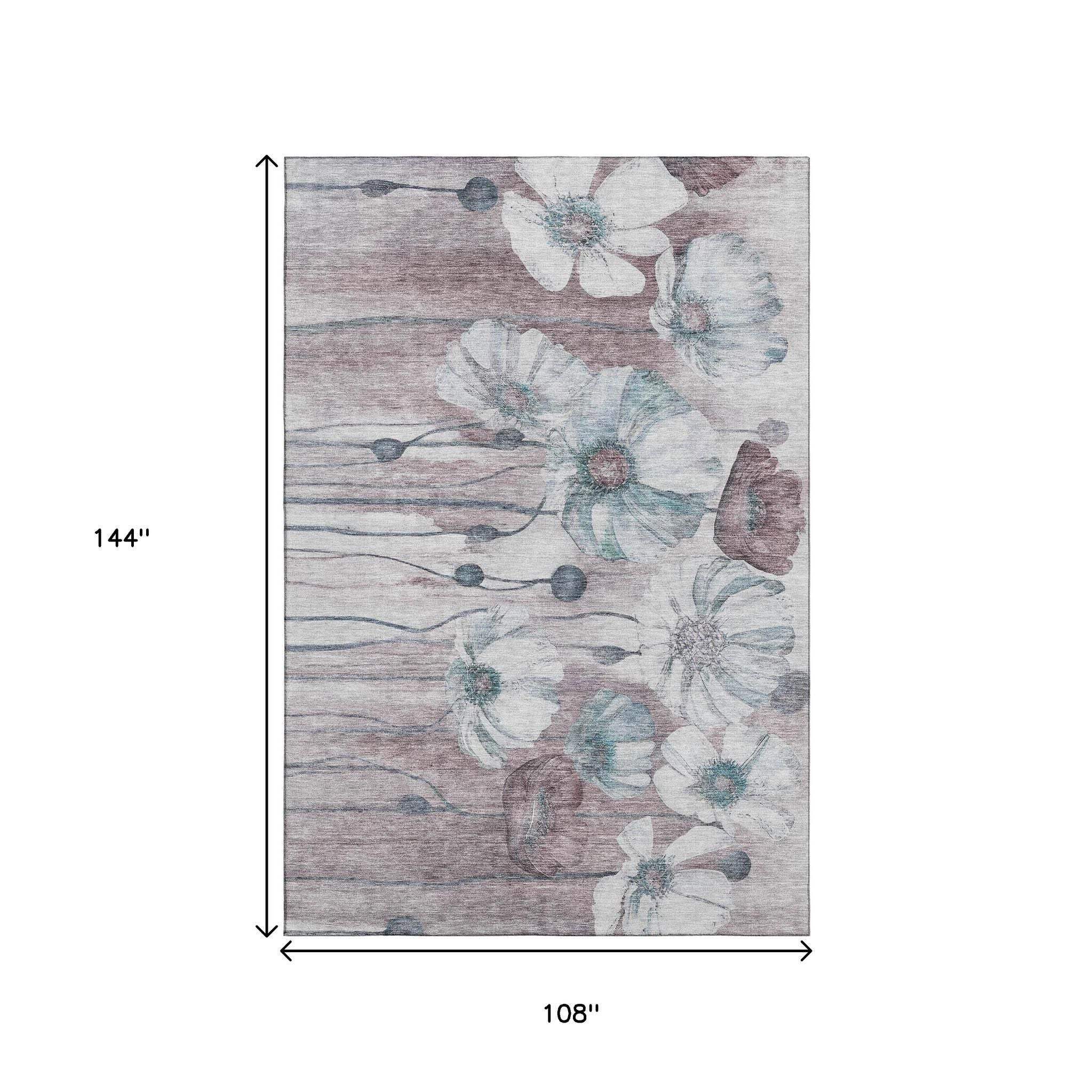 9' X 12' Teal Mauve And Ivory Floral Washable Area Rug With UV Protection - HomeRoots - Flyclothing LLC