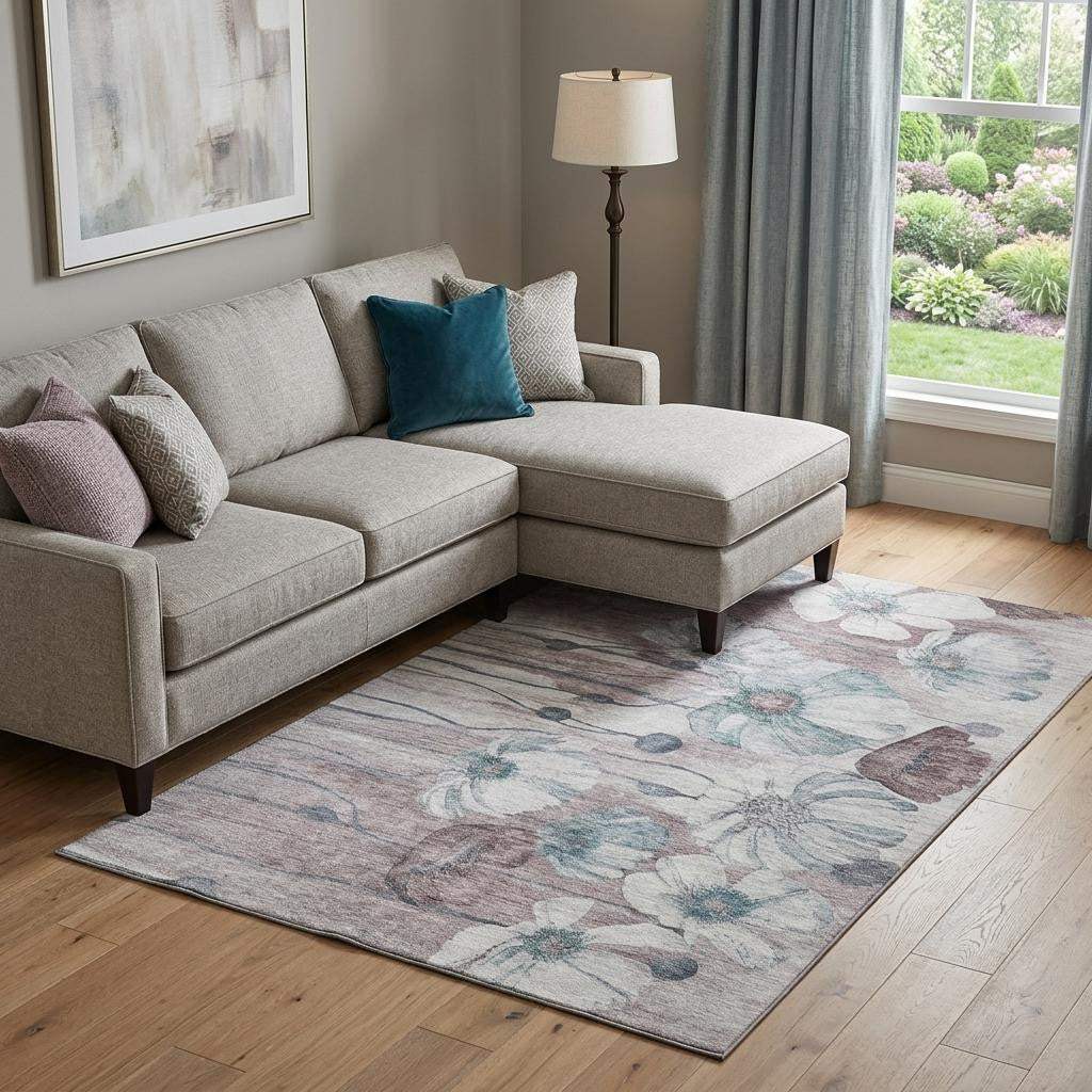 10' X 14' Teal Mauve And Ivory Floral Washable Area Rug With UV Protection - HomeRoots - Flyclothing LLC