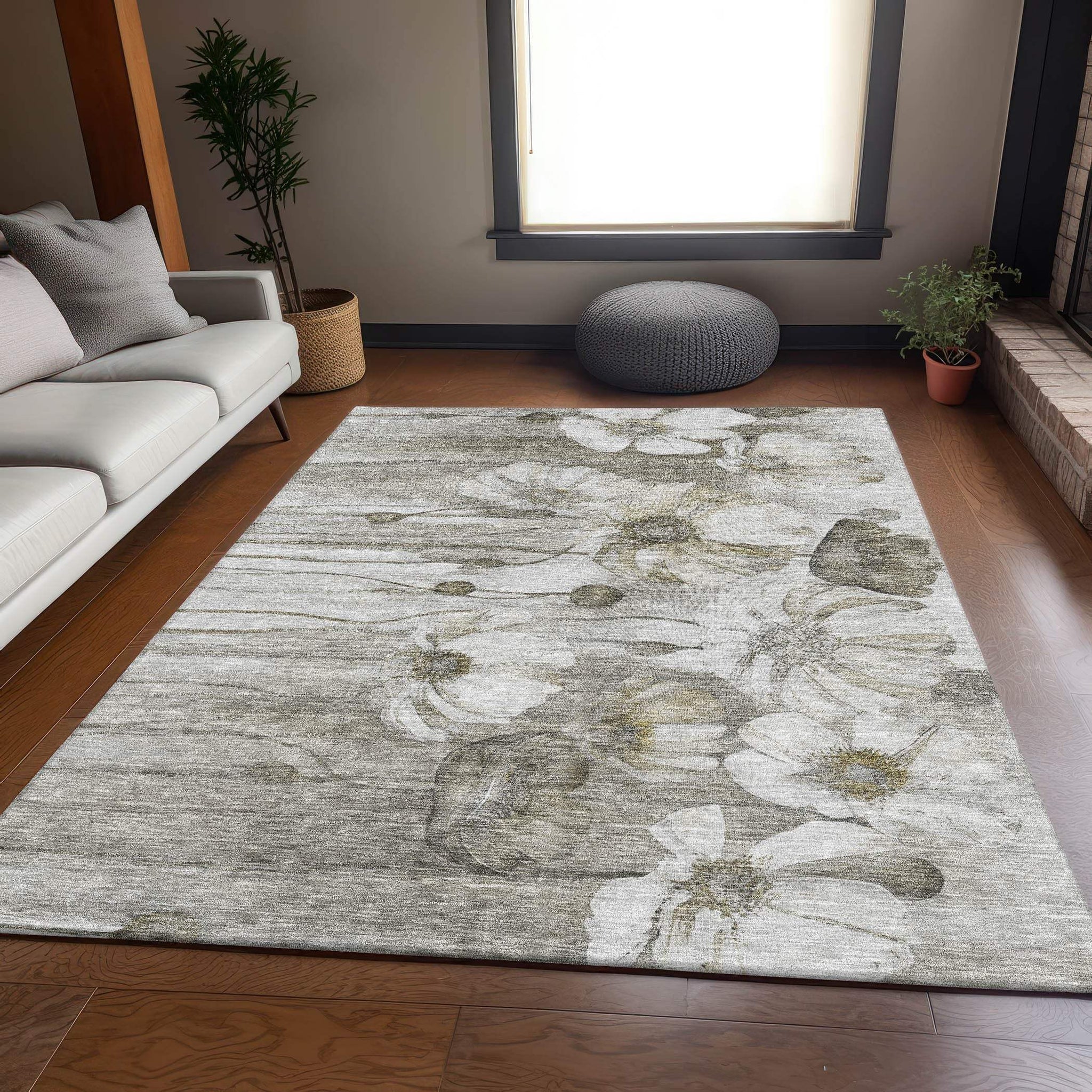 3' X 5' Taupe And Ivory Floral Washable Area Rug With UV Protection - HomeRoots - Flyclothing LLC