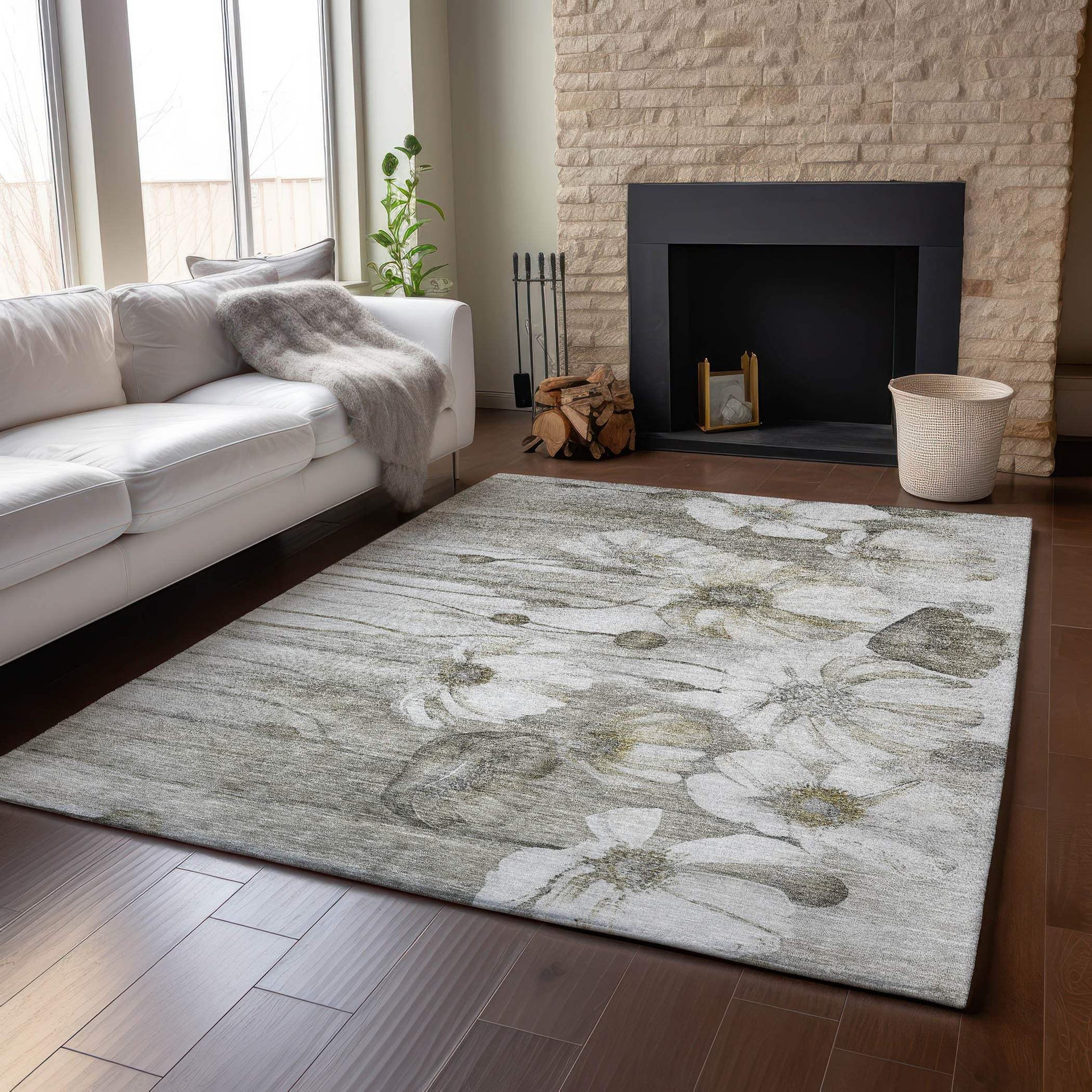 3' X 5' Taupe And Ivory Floral Washable Area Rug With UV Protection - HomeRoots - Flyclothing LLC