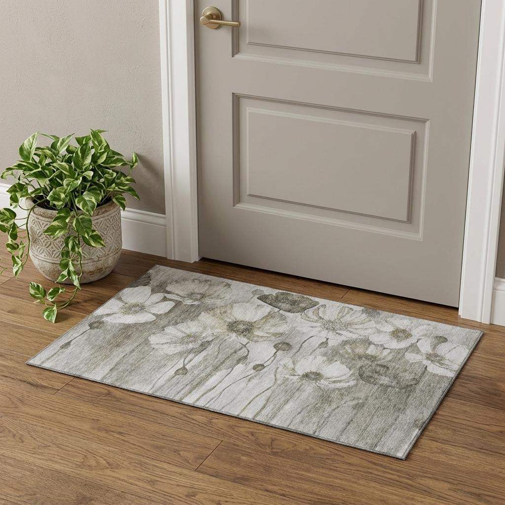 3' X 5' Taupe And Ivory Floral Washable Area Rug With UV Protection - HomeRoots - Flyclothing LLC