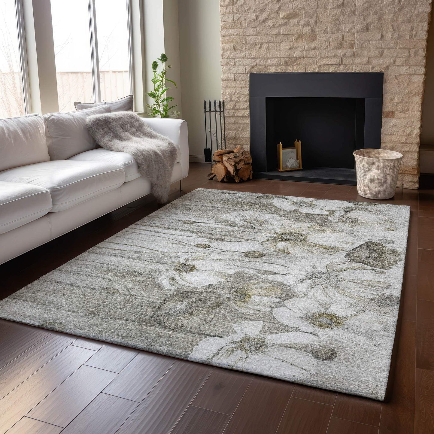 5' X 8' Taupe And Ivory Floral Washable Area Rug With UV Protection - HomeRoots - Flyclothing LLC