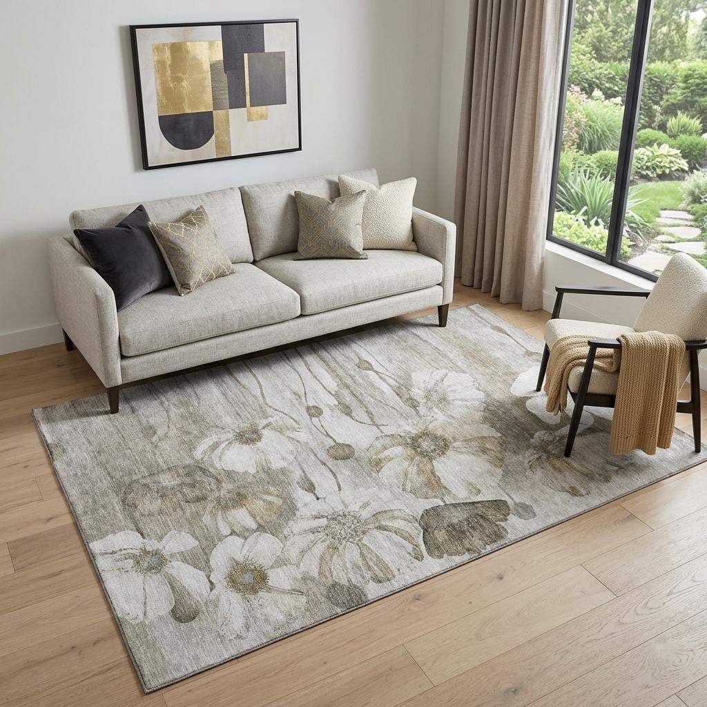 5' X 8' Taupe And Ivory Floral Washable Area Rug With UV Protection - HomeRoots - Flyclothing LLC