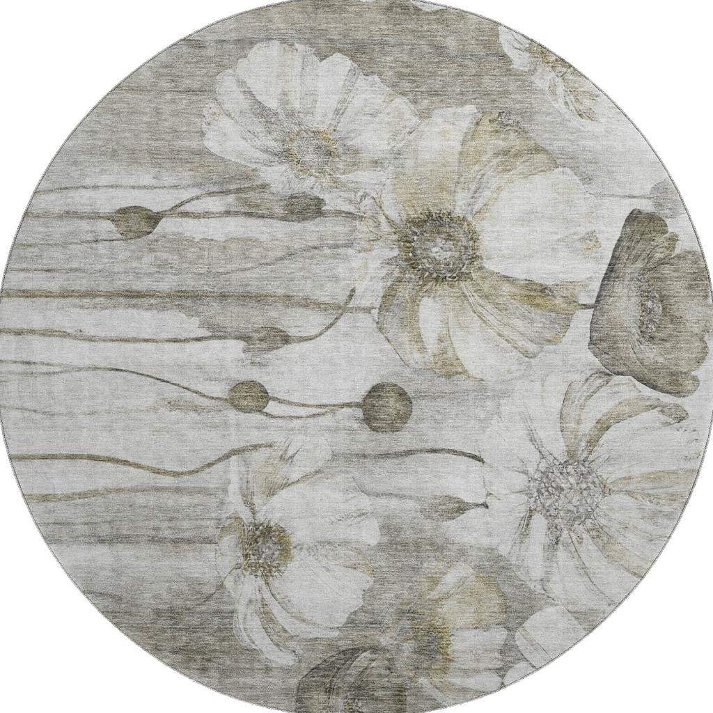 8' Taupe And Ivory Floral Washable Round Rug With UV Protection - HomeRoots - Flyclothing LLC