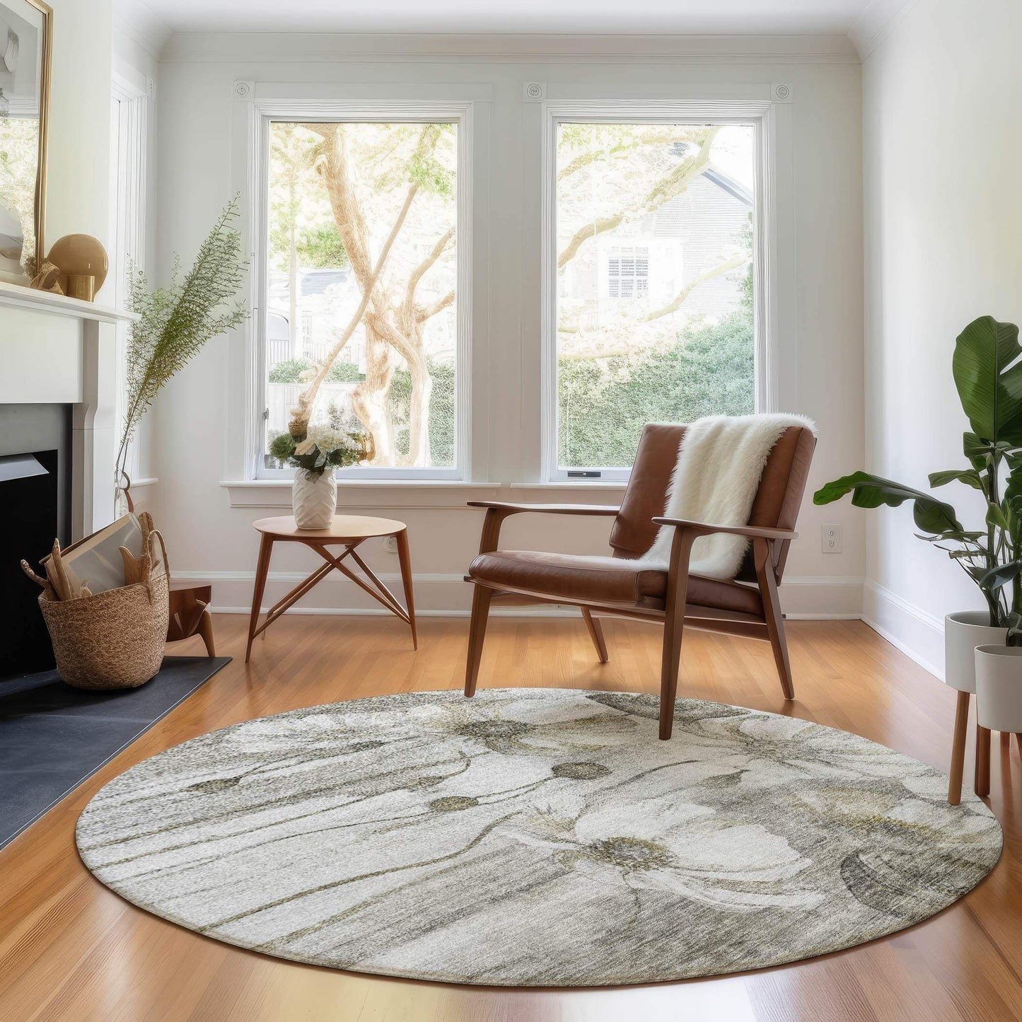 8' Taupe And Ivory Floral Washable Round Rug With UV Protection - HomeRoots - Flyclothing LLC
