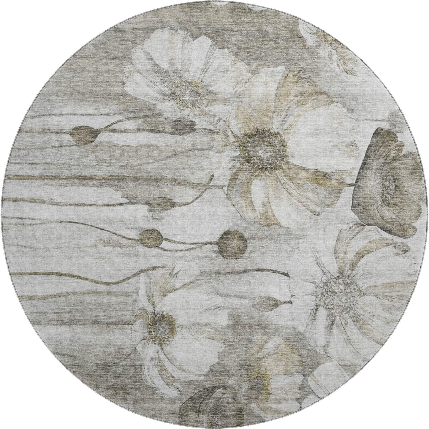8' Taupe And Ivory Floral Washable Round Rug With UV Protection - HomeRoots - Flyclothing LLC
