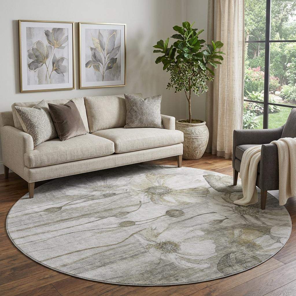 8' Taupe And Ivory Floral Washable Round Rug With UV Protection - HomeRoots - Flyclothing LLC