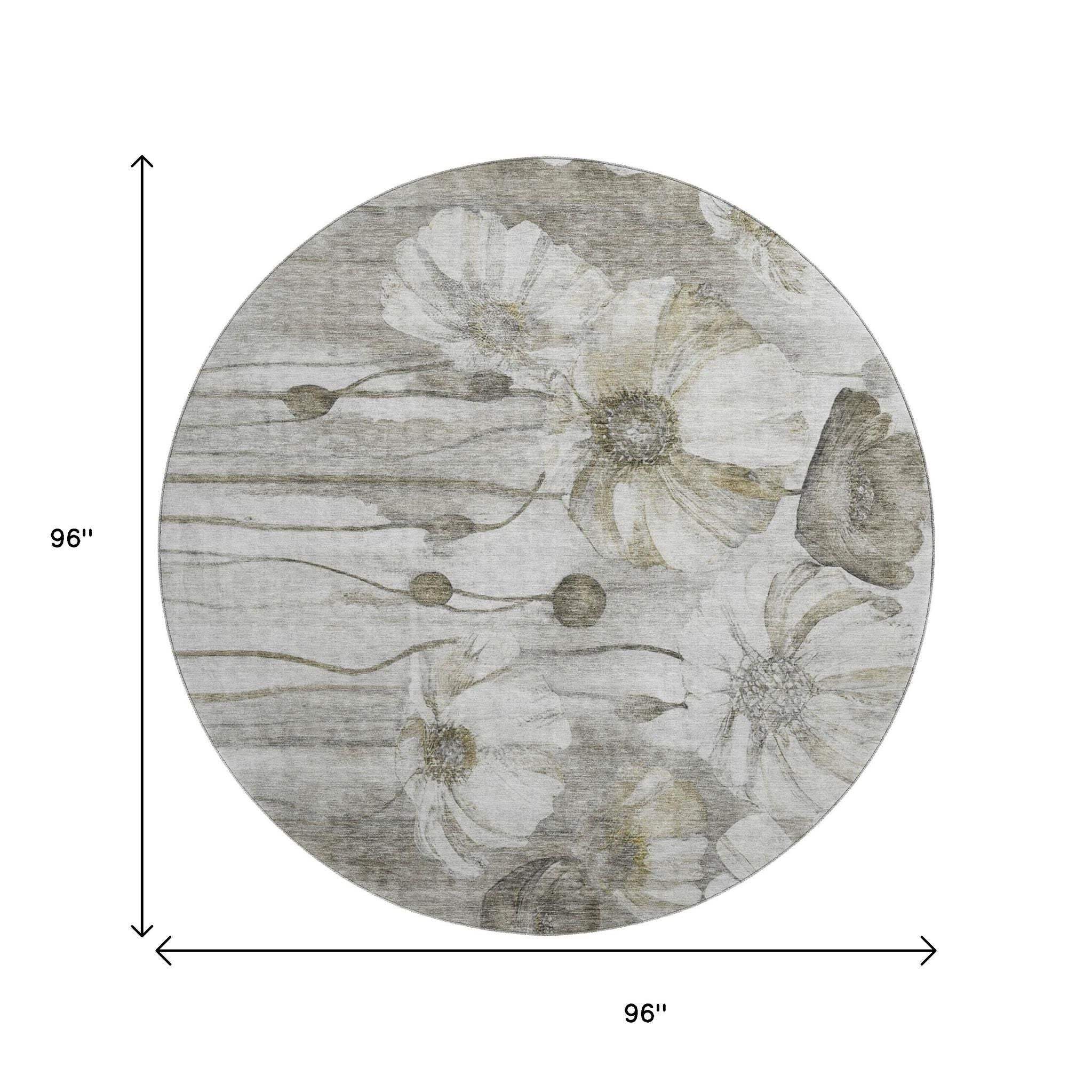 8' Taupe And Ivory Floral Washable Round Rug With UV Protection - HomeRoots - Flyclothing LLC
