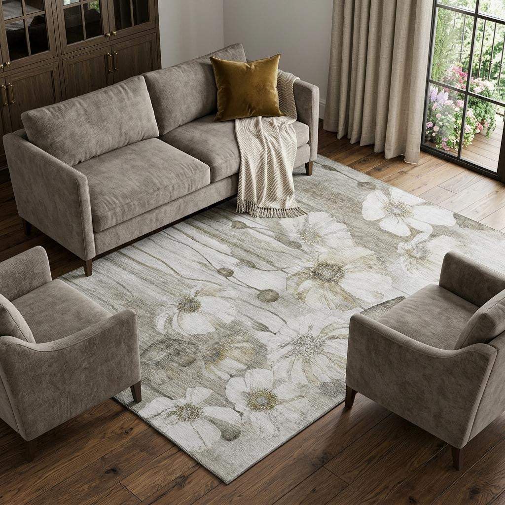 9' X 12' Taupe And Ivory Floral Washable Area Rug With UV Protection - HomeRoots - Flyclothing LLC