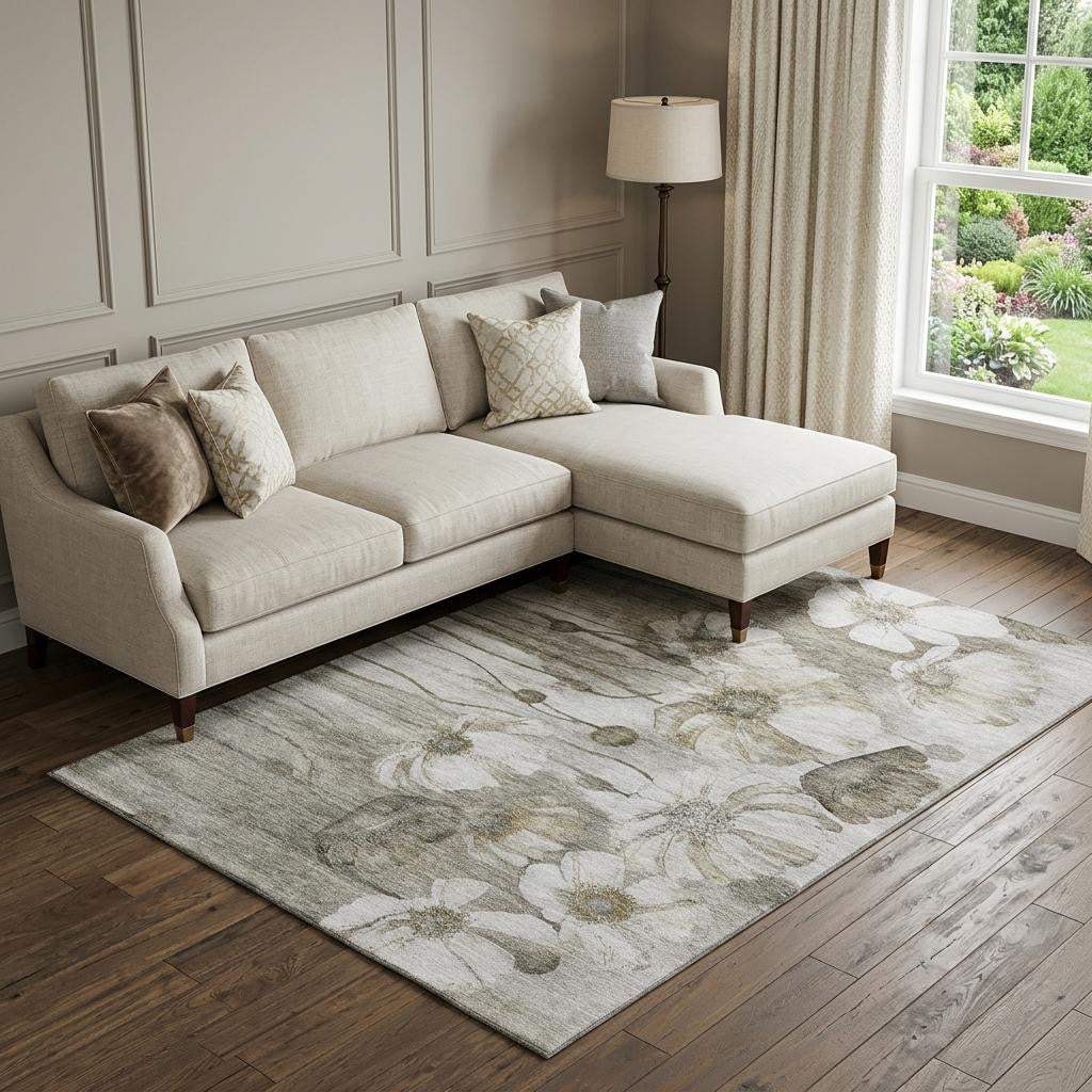 10' X 14' Taupe And Ivory Floral Washable Area Rug With UV Protection - HomeRoots - Flyclothing LLC