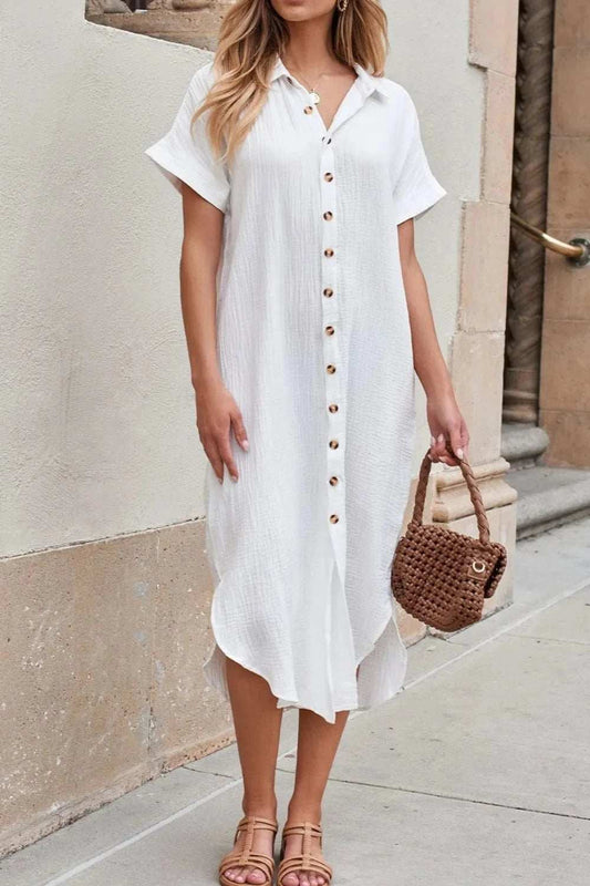 Button Down Short Sleeve Midi Shirt Dress - Trendsi - Flyclothing LLC