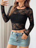 Round Neck Long Sleeve Lace Sheer Top - Trendsi