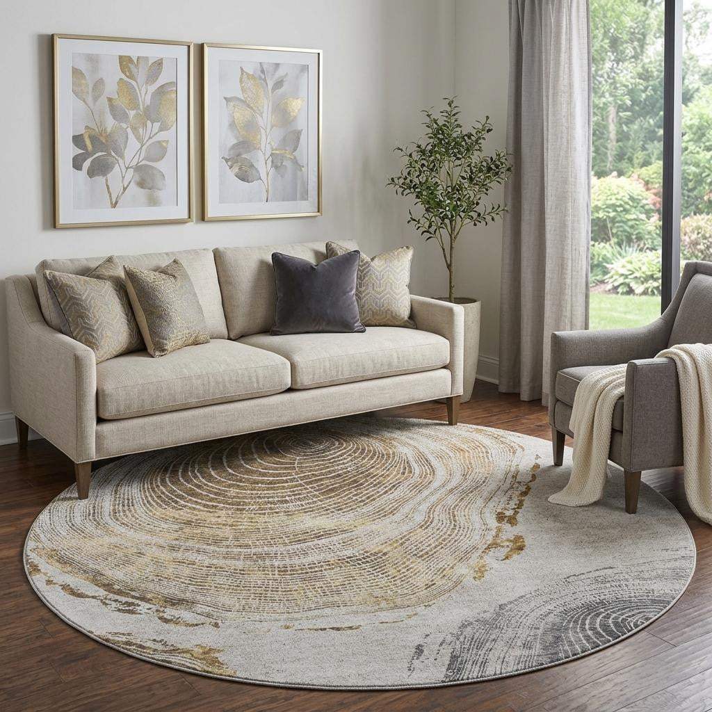 8' Taupe Brown And Ivory Faux Bois Washable Round Rug With UV Protection - HomeRoots - Flyclothing LLC