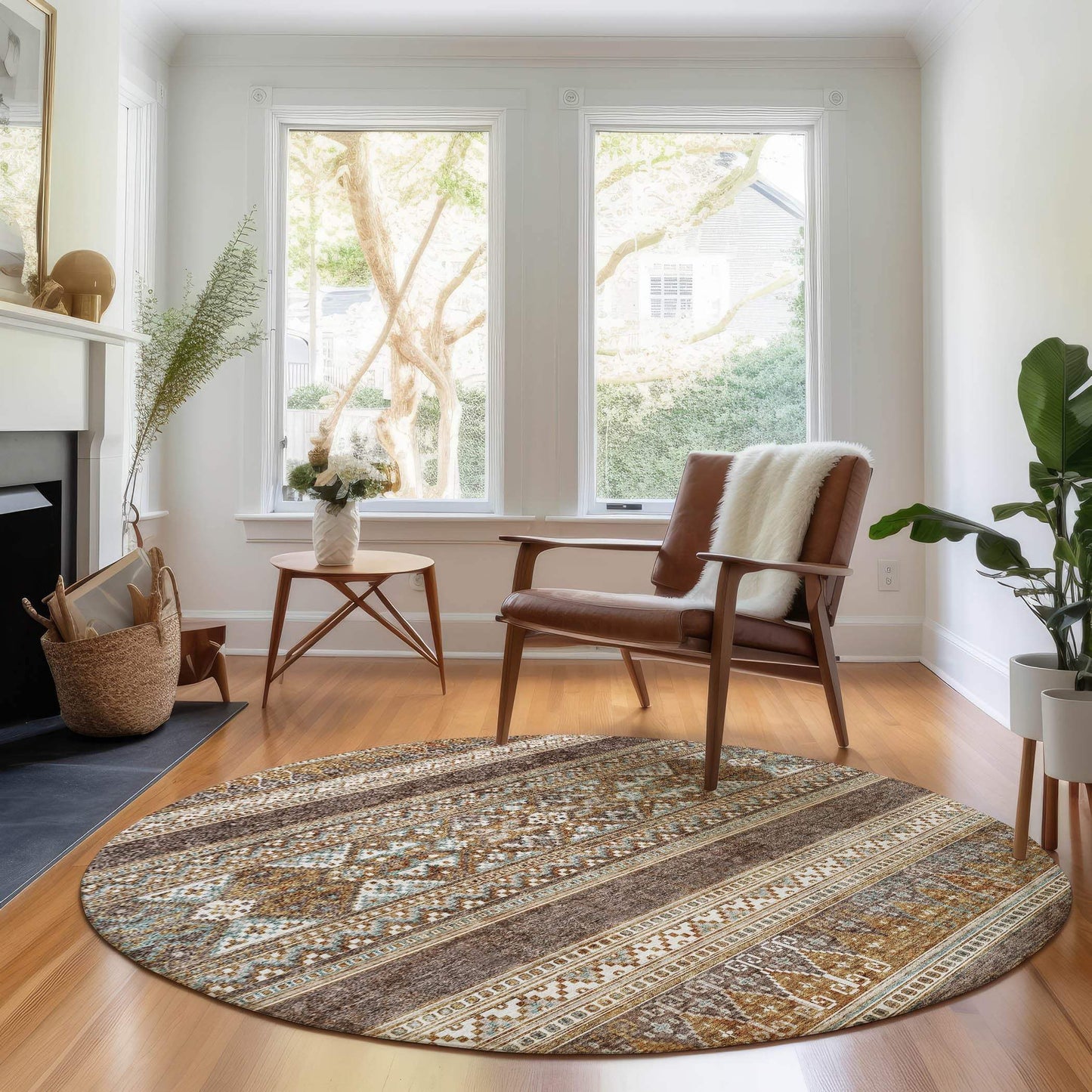 8' Chocolate Copper And Ivory Southwestern Washable Round Rug With UV Protection - HomeRoots - Flyclothing LLC