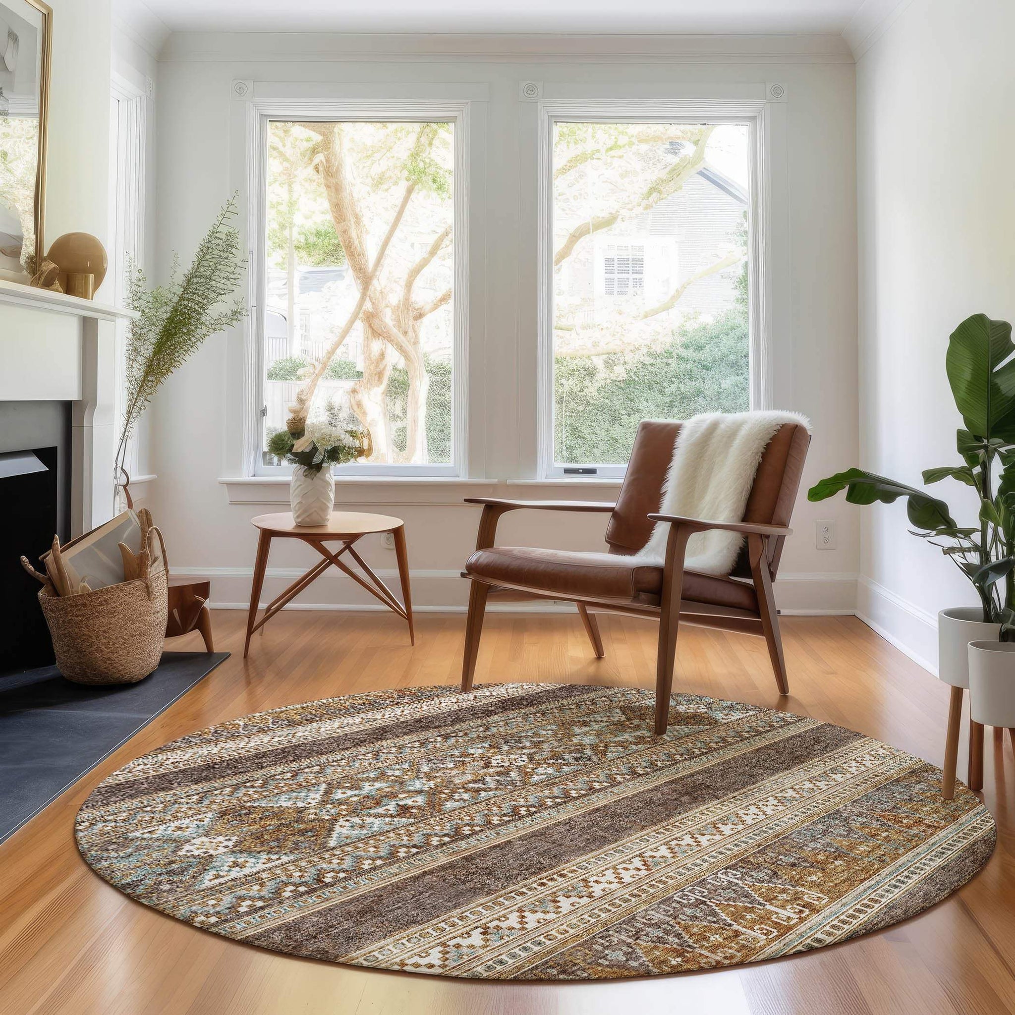8' Chocolate Copper And Ivory Southwestern Washable Round Rug With UV Protection - HomeRoots - Flyclothing LLC