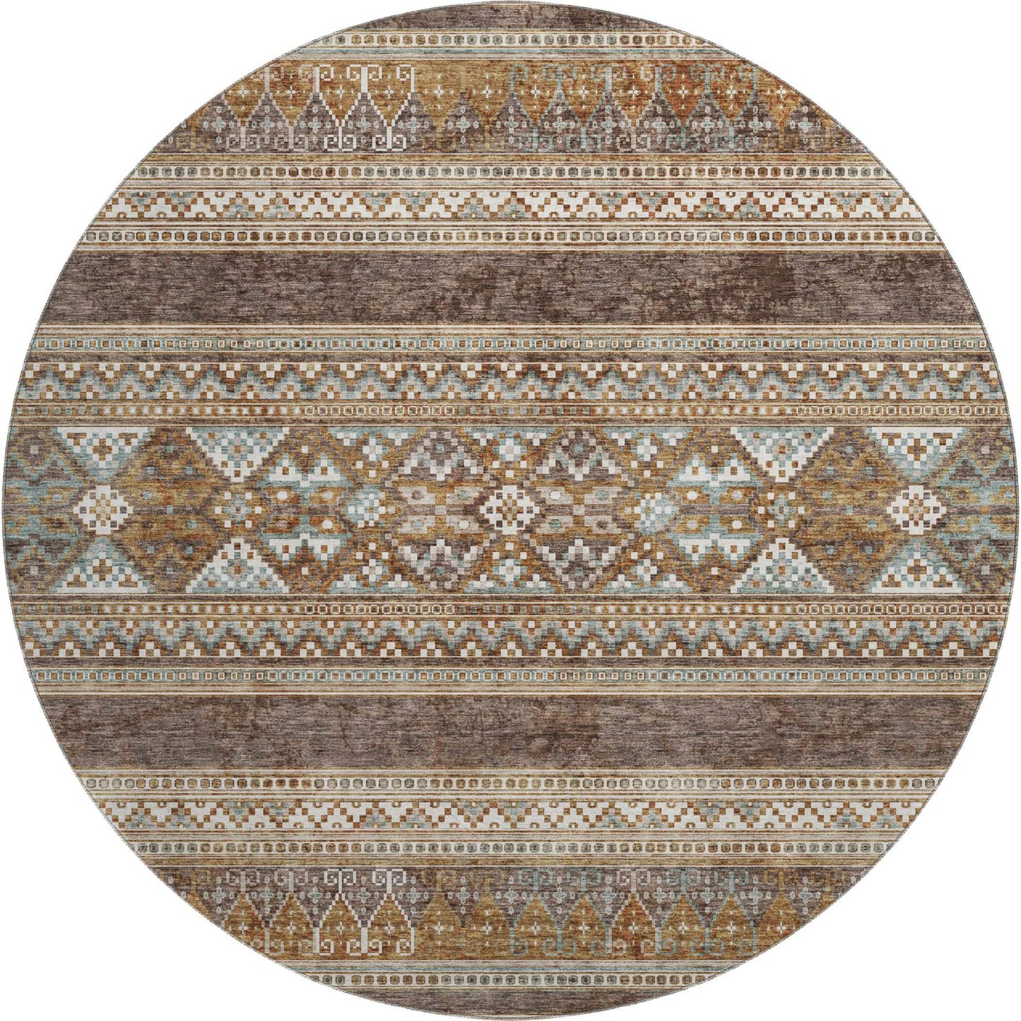 8' Chocolate Copper And Ivory Southwestern Washable Round Rug With UV Protection - HomeRoots - Flyclothing LLC