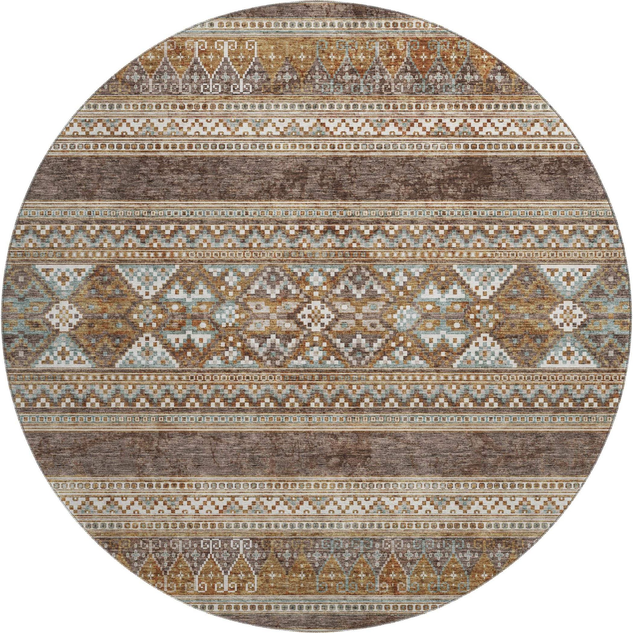 8' Chocolate Copper And Ivory Southwestern Washable Round Rug With UV Protection - HomeRoots - Flyclothing LLC
