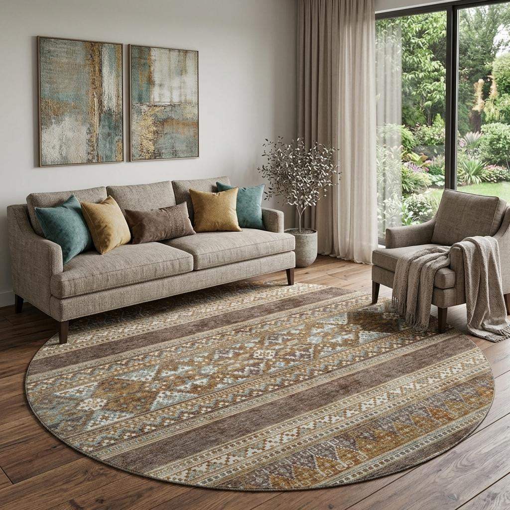 8' Chocolate Copper And Ivory Southwestern Washable Round Rug With UV Protection - HomeRoots - Flyclothing LLC