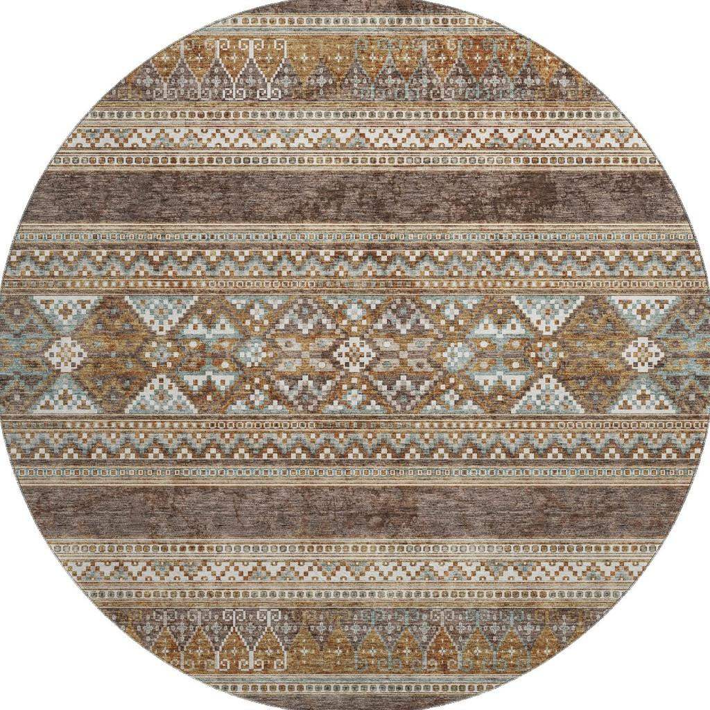 8' Chocolate Copper And Ivory Southwestern Washable Round Rug With UV Protection - HomeRoots - Flyclothing LLC