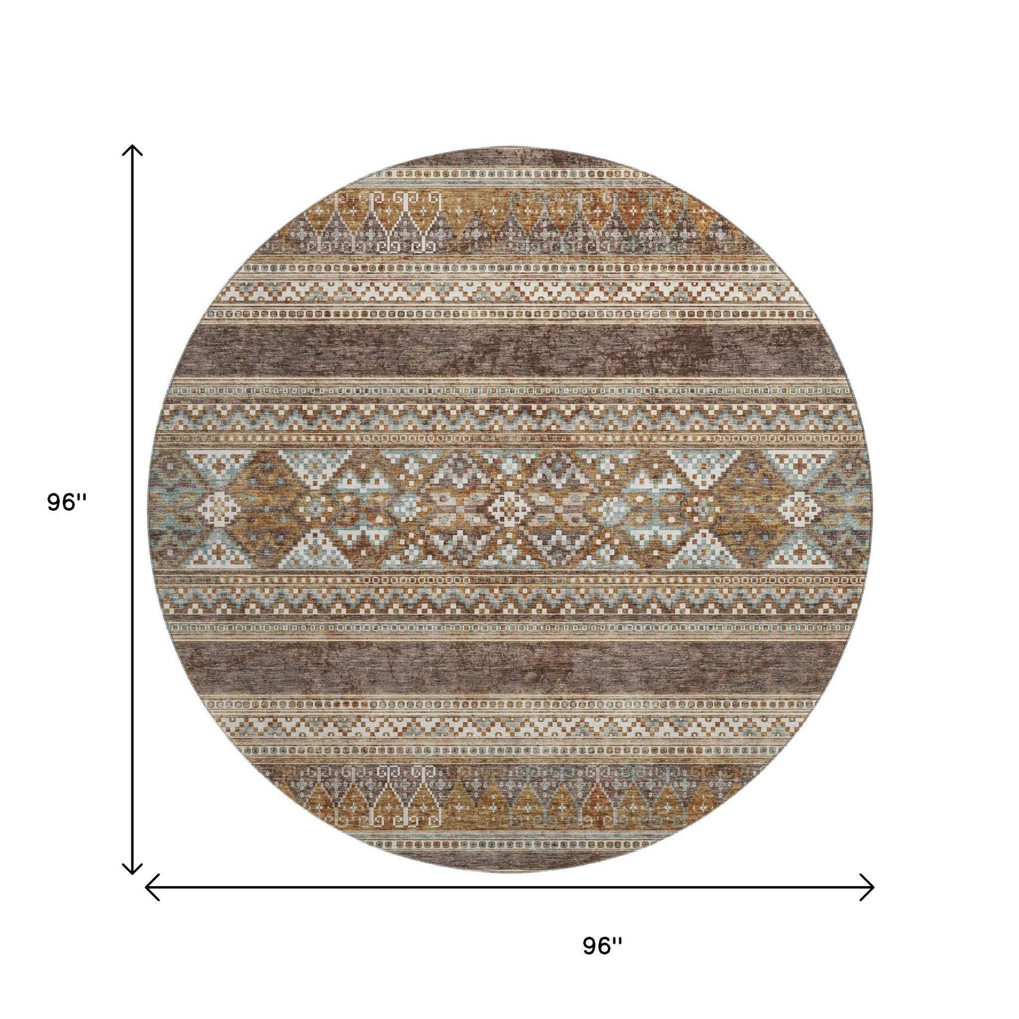8' Chocolate Copper And Ivory Southwestern Washable Round Rug With UV Protection - HomeRoots - Flyclothing LLC