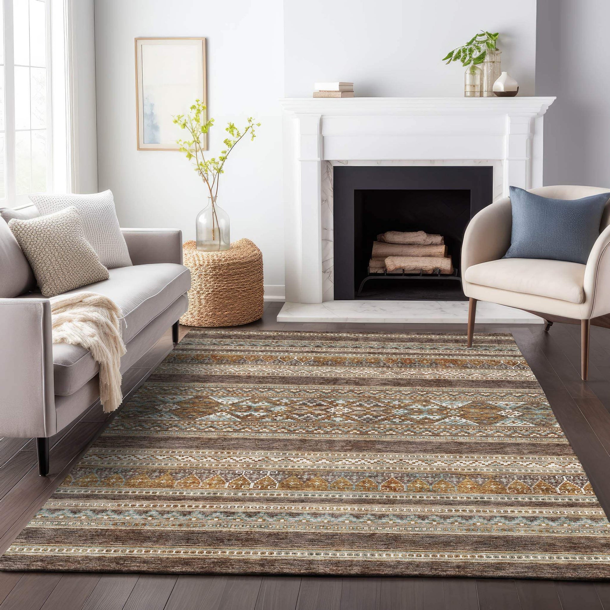 8' X 10' Chocolate Copper And Ivory Southwestern Washable Area Rug With UV Protection - HomeRoots - Flyclothing LLC