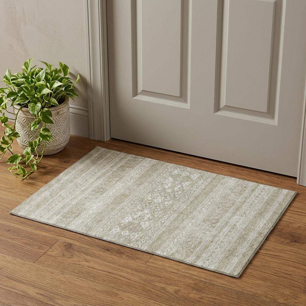 3' X 5' Khaki And Ivory Southwestern Washable Area Rug With UV Protection - HomeRoots - Flyclothing LLC