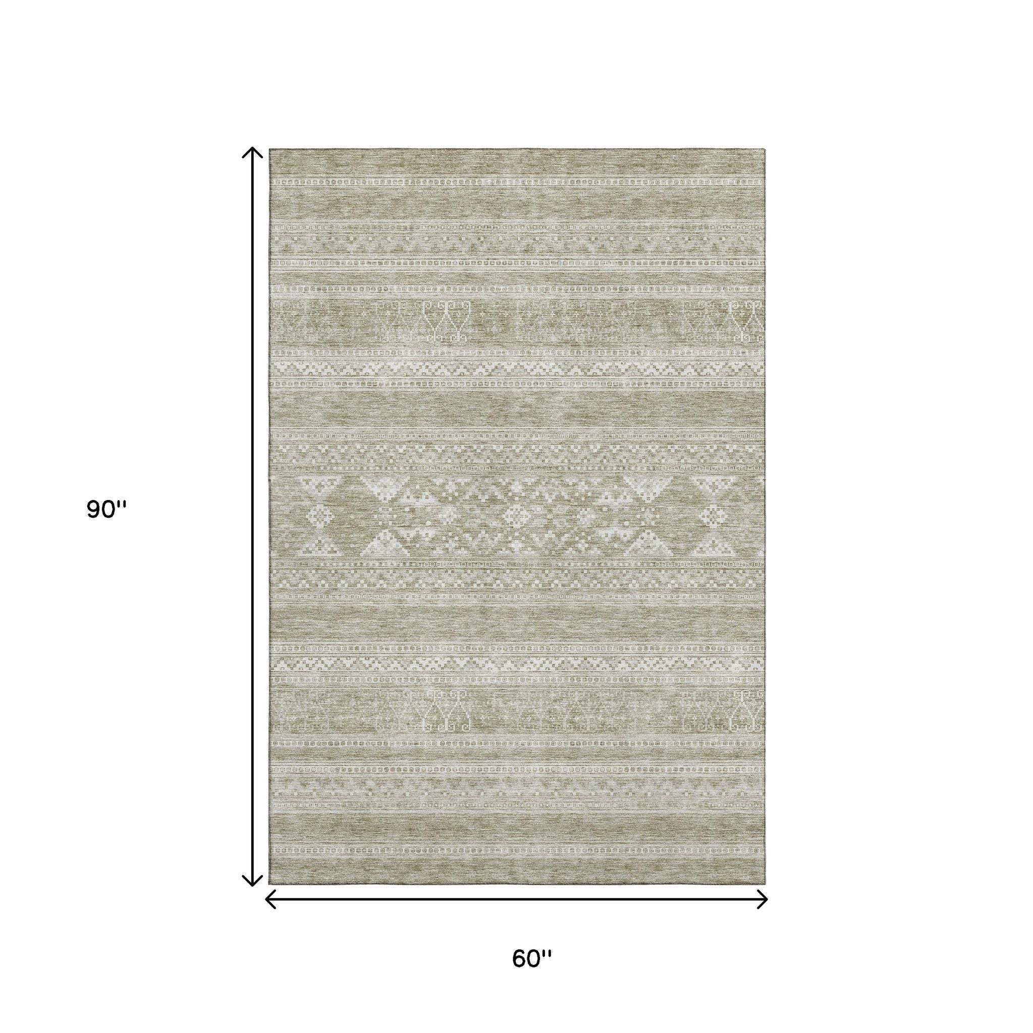 5' X 8' Khaki And Ivory Southwestern Washable Area Rug With UV Protection - HomeRoots - Flyclothing LLC