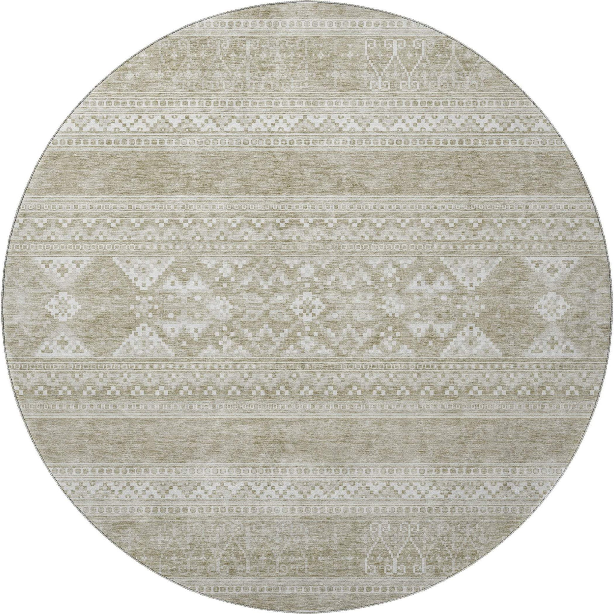 8' Khaki And Ivory Southwestern Washable Round Rug With UV Protection - HomeRoots - Flyclothing LLC