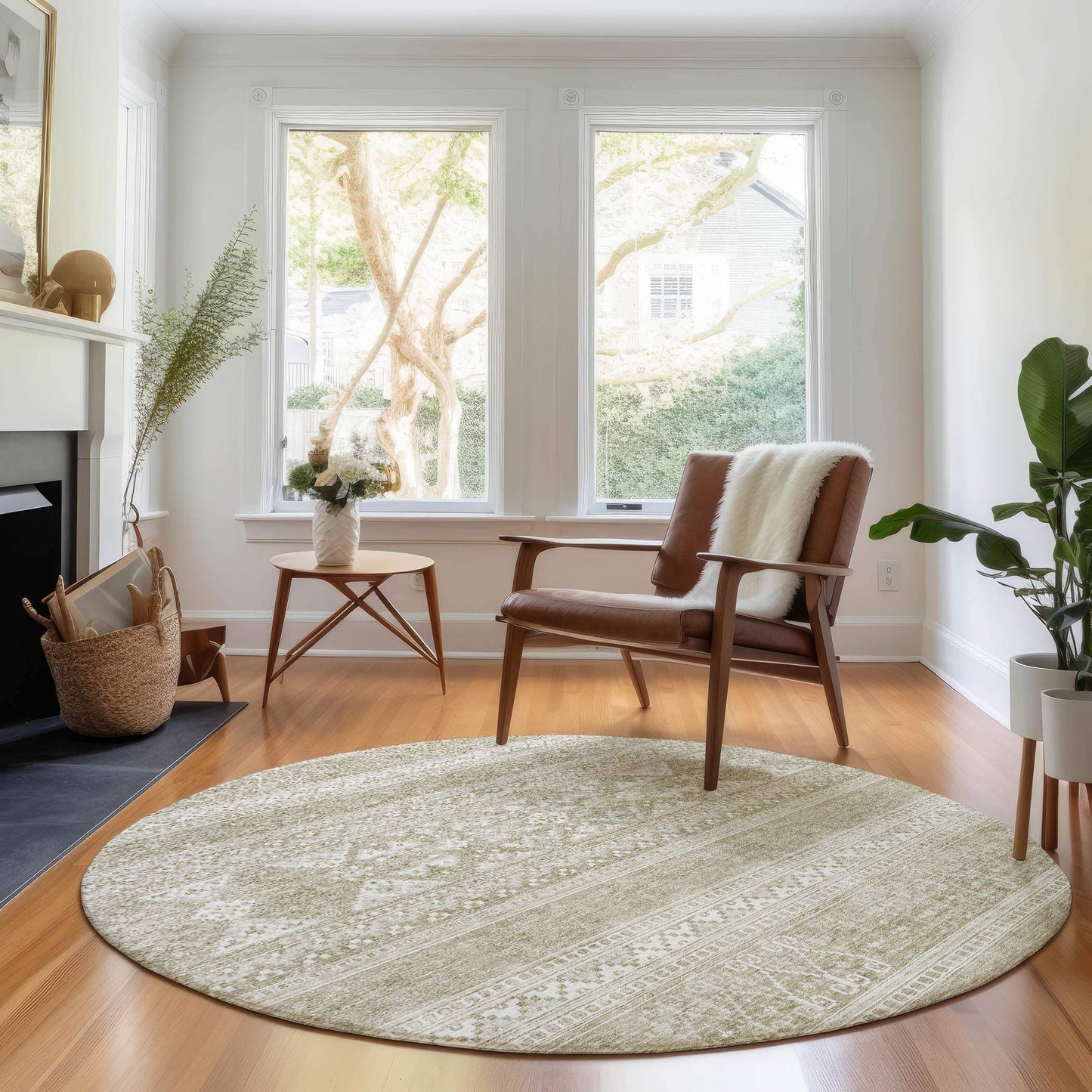 8' Khaki And Ivory Southwestern Washable Round Rug With UV Protection - HomeRoots - Flyclothing LLC