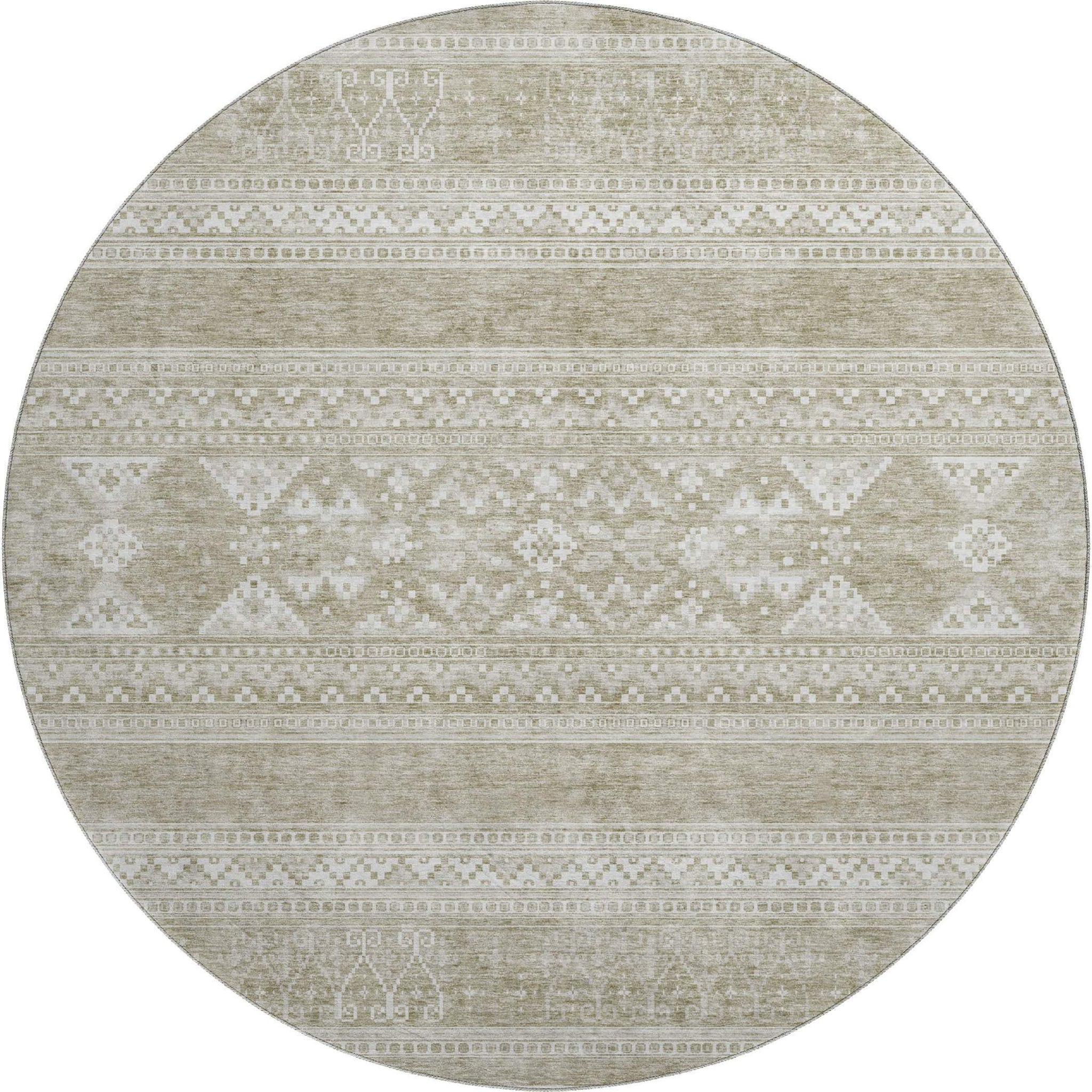 8' Khaki And Ivory Southwestern Washable Round Rug With UV Protection - HomeRoots - Flyclothing LLC