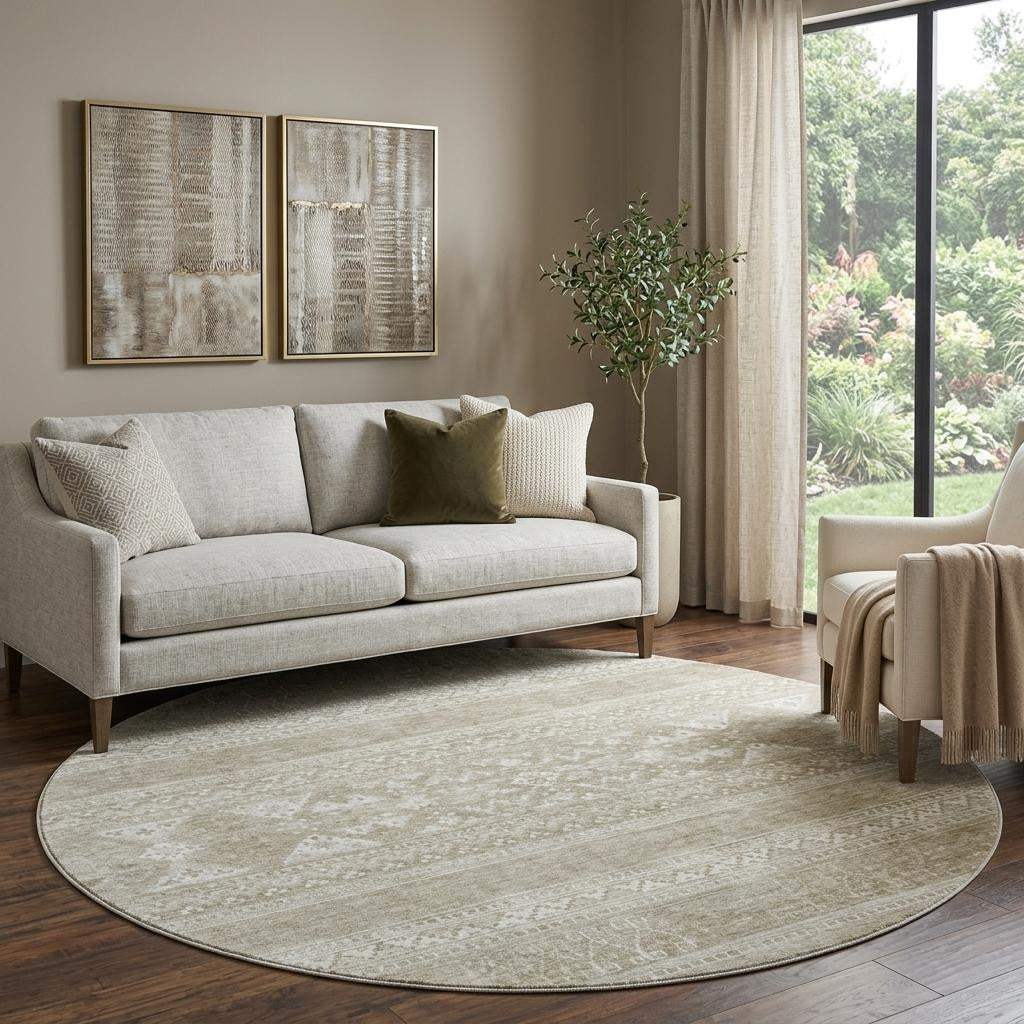 8' Khaki And Ivory Southwestern Washable Round Rug With UV Protection - HomeRoots - Flyclothing LLC
