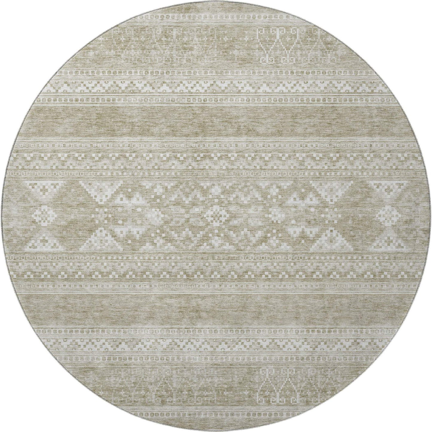 8' Khaki And Ivory Southwestern Washable Round Rug With UV Protection - HomeRoots - Flyclothing LLC