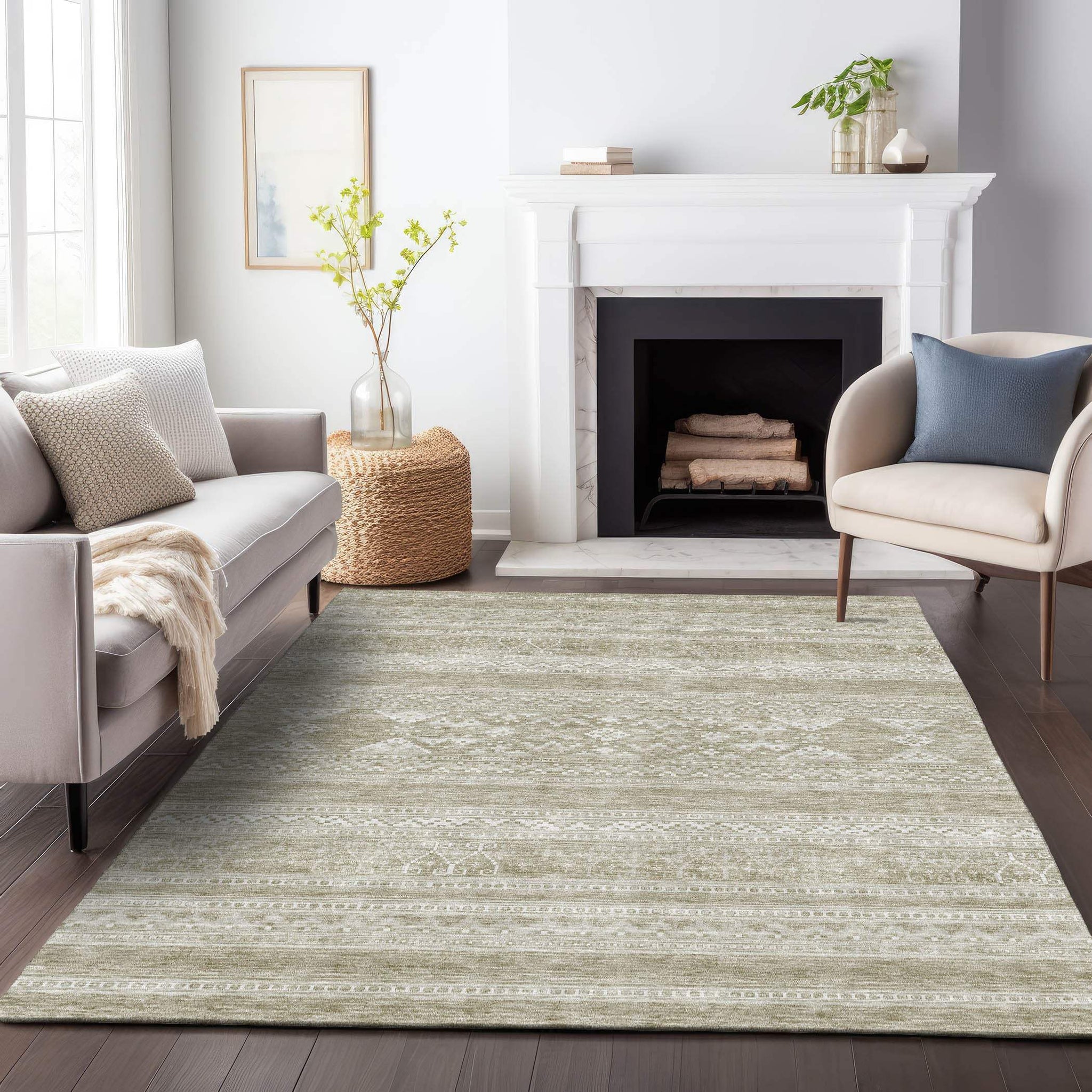 9' X 12' Khaki And Ivory Southwestern Washable Area Rug With UV Protection - HomeRoots - Flyclothing LLC