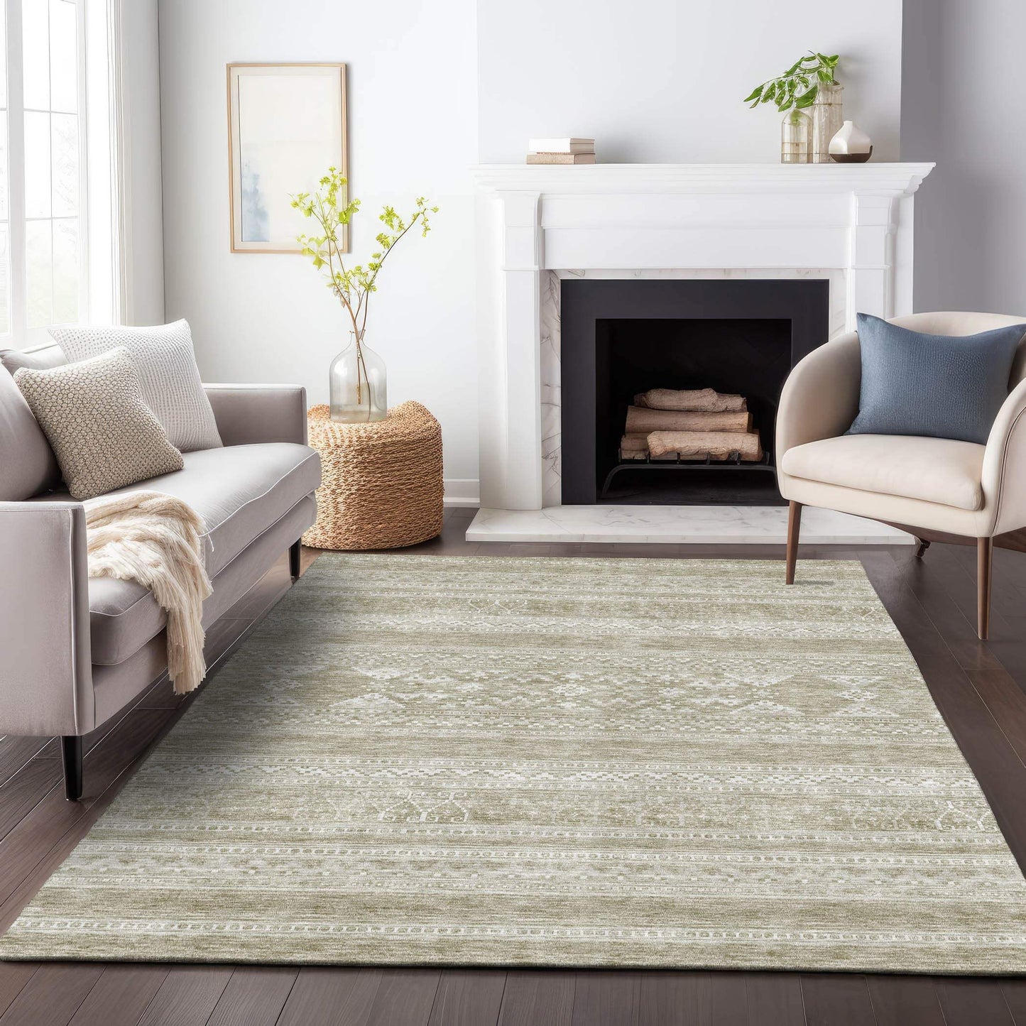 10' X 14' Khaki And Ivory Southwestern Washable Area Rug With UV Protection - HomeRoots - Flyclothing LLC