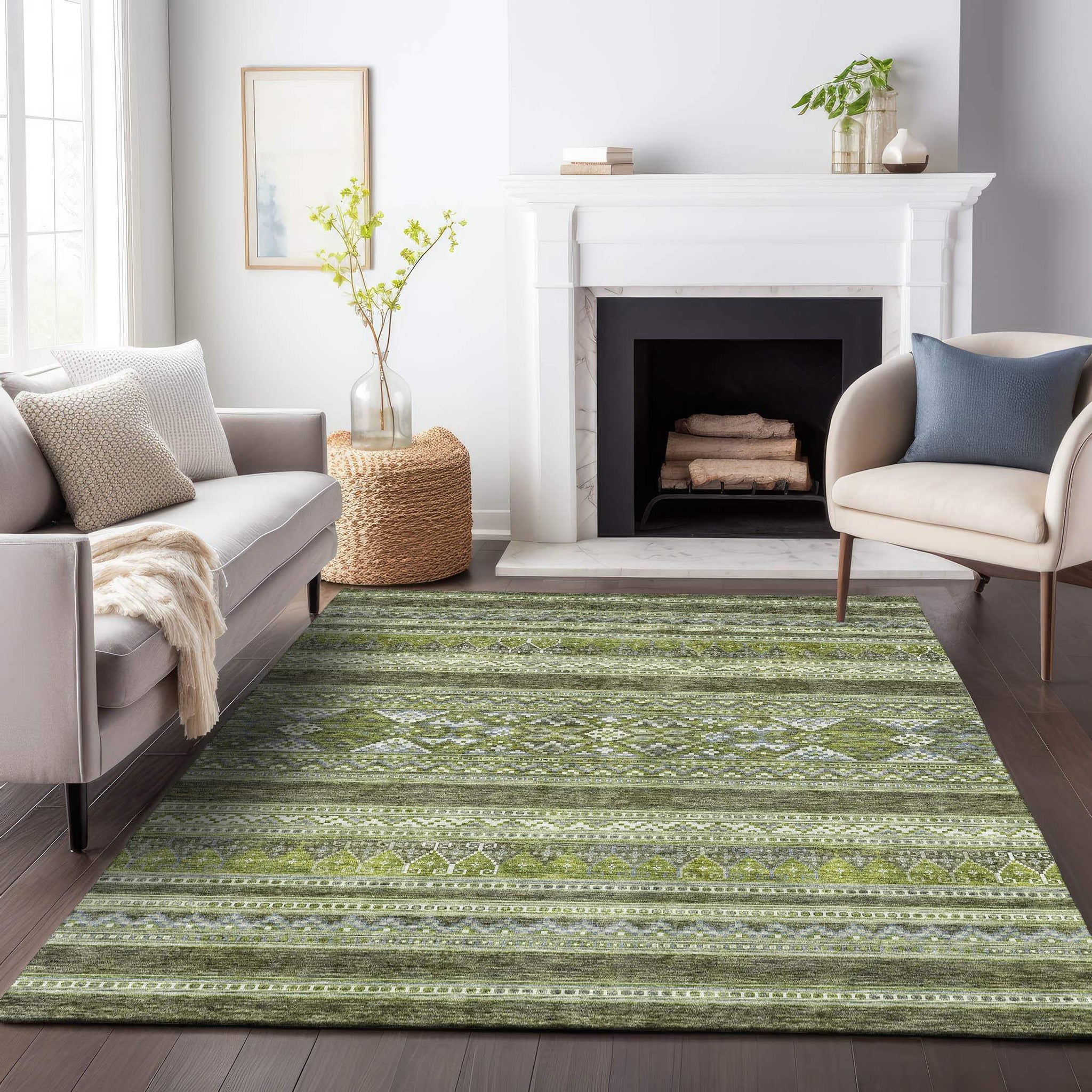 3' X 5' Olive Green Gray And Ivory Southwestern Washable Area Rug With UV Protection - HomeRoots - Flyclothing LLC