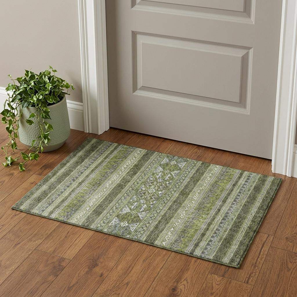 3' X 5' Olive Green Gray And Ivory Southwestern Washable Area Rug With UV Protection - HomeRoots - Flyclothing LLC