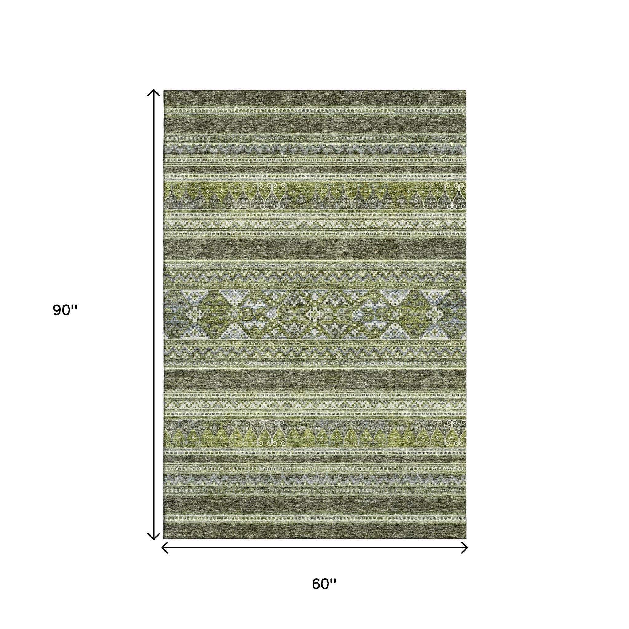 5' X 8' Olive Green Gray And Ivory Southwestern Washable Area Rug With UV Protection - HomeRoots - Flyclothing LLC
