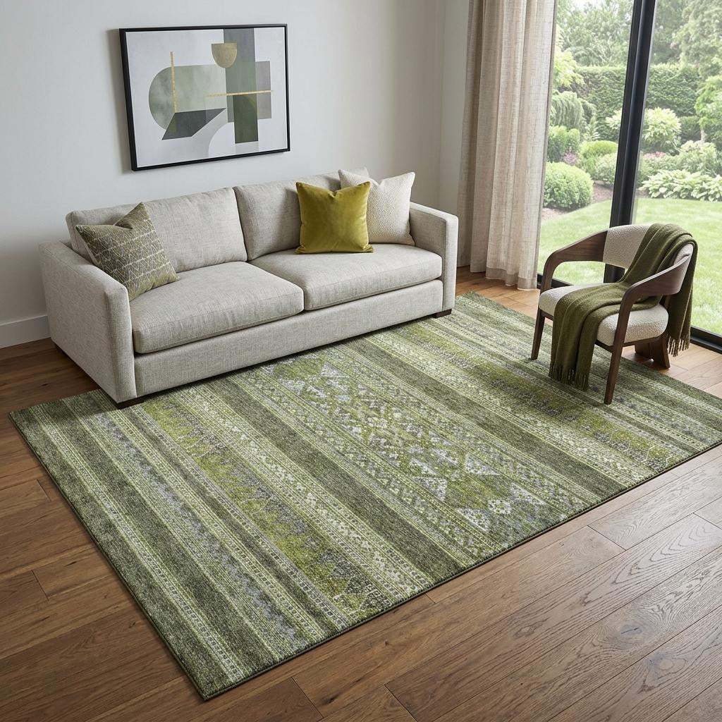 5' X 8' Olive Green Gray And Ivory Southwestern Washable Area Rug With UV Protection - HomeRoots - Flyclothing LLC