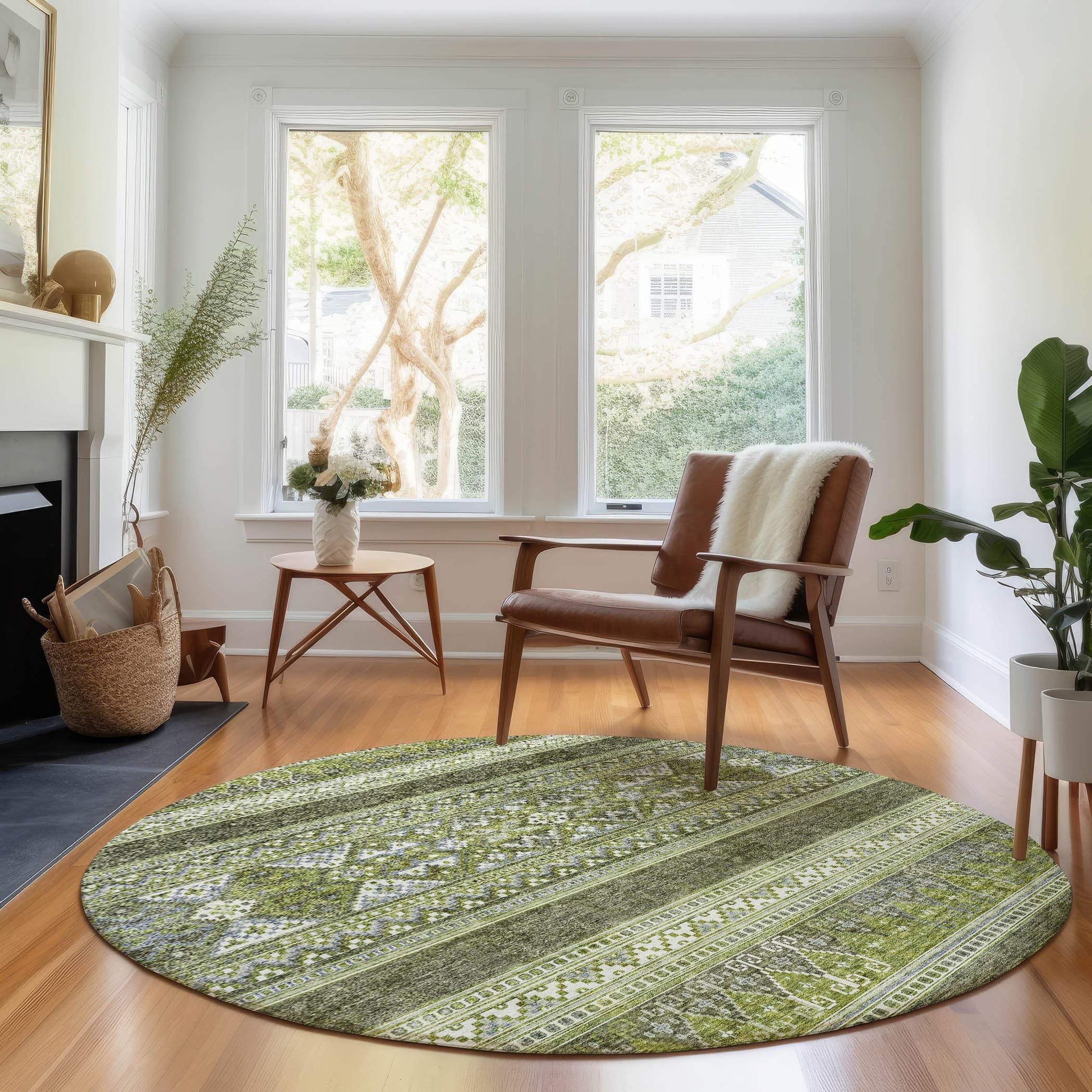 8' Olive Green Gray And Ivory Southwestern Washable Round Rug With UV Protection - HomeRoots - Flyclothing LLC